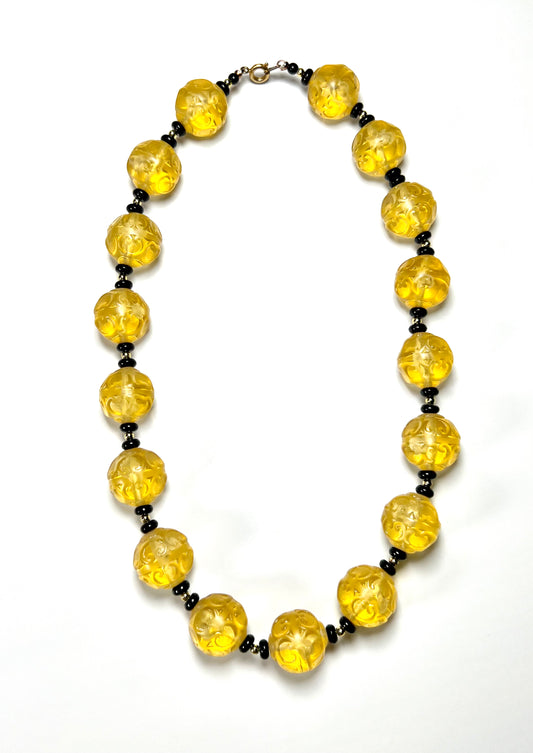 Lucite Yellow and Black Beaded Necklace