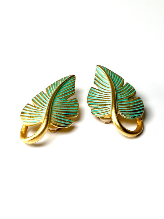 Givenchy Green and Gold Bird of Paradise Leaf Earrings