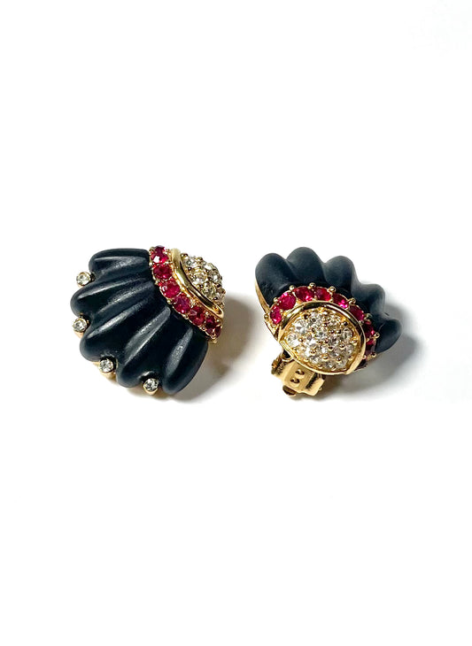 Givenchy Black Fan Gold and Pink Rhinestone Shell Earrings