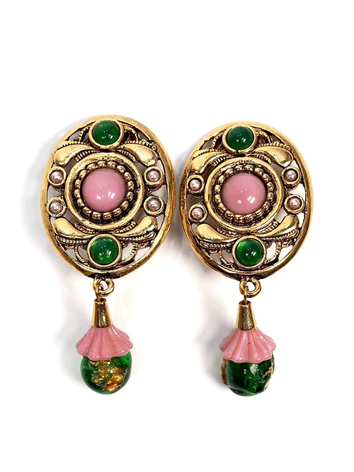 Italian Medallion Gold Pink and Green Glass Drop Earrings - Georgie's NYC - Earrings