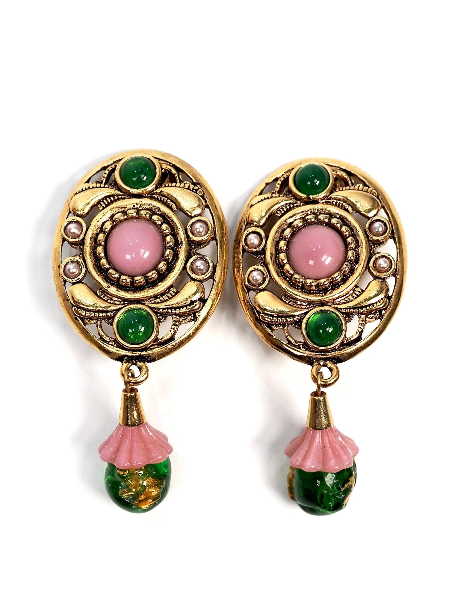 Italian Medallion Gold Pink and Green Glass Drop Earrings - Georgie's NYC - Earrings