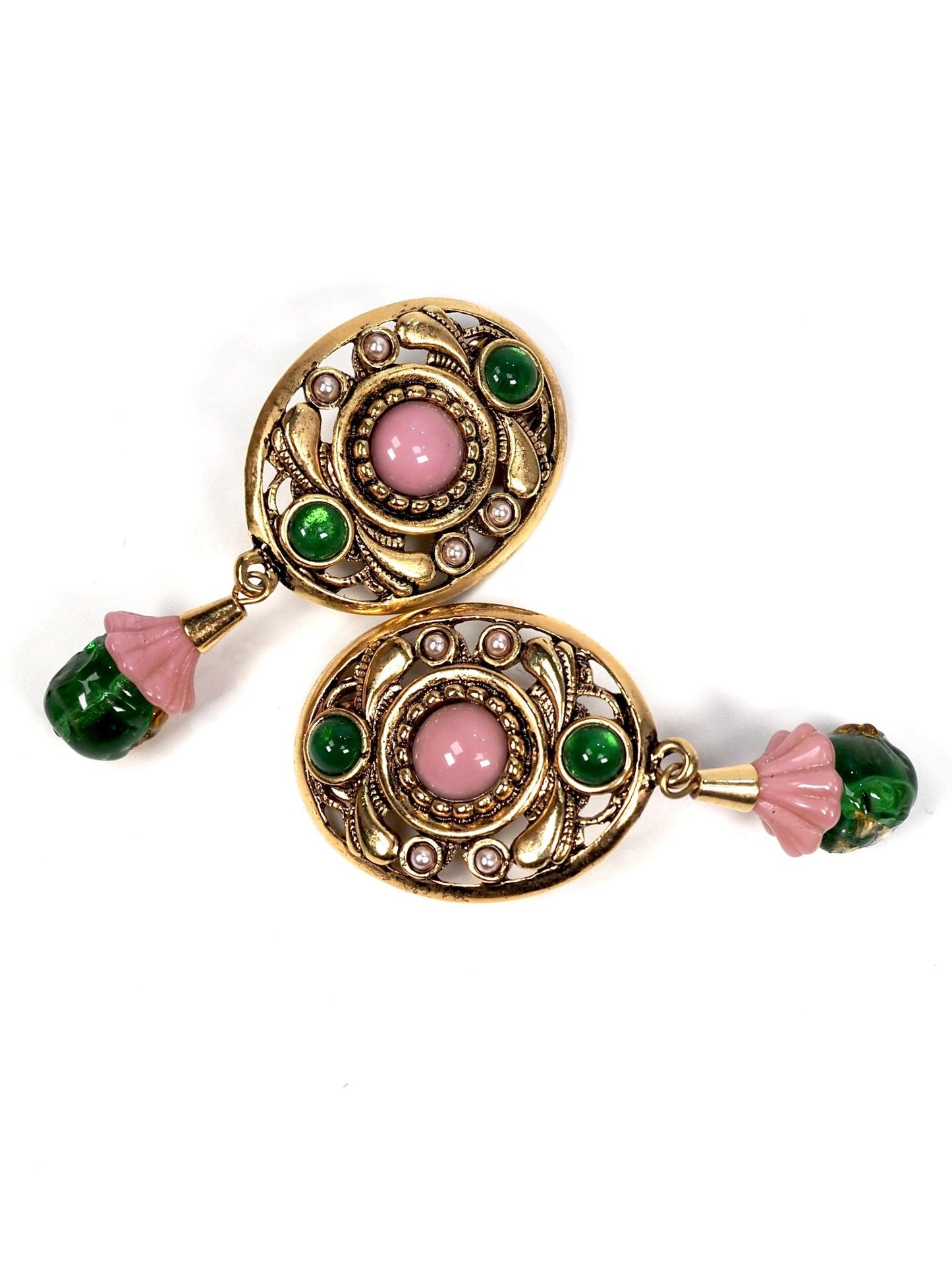 Italian Medallion Gold Pink and Green Glass Drop Earrings - Georgie's NYC - Earrings