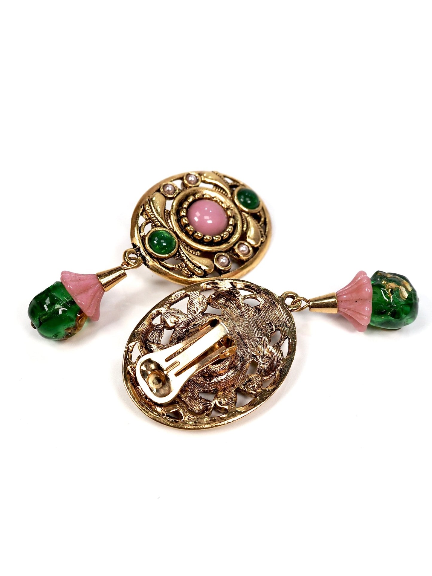 Italian Medallion Gold Pink and Green Glass Drop Earrings - Georgie's NYC - Earrings