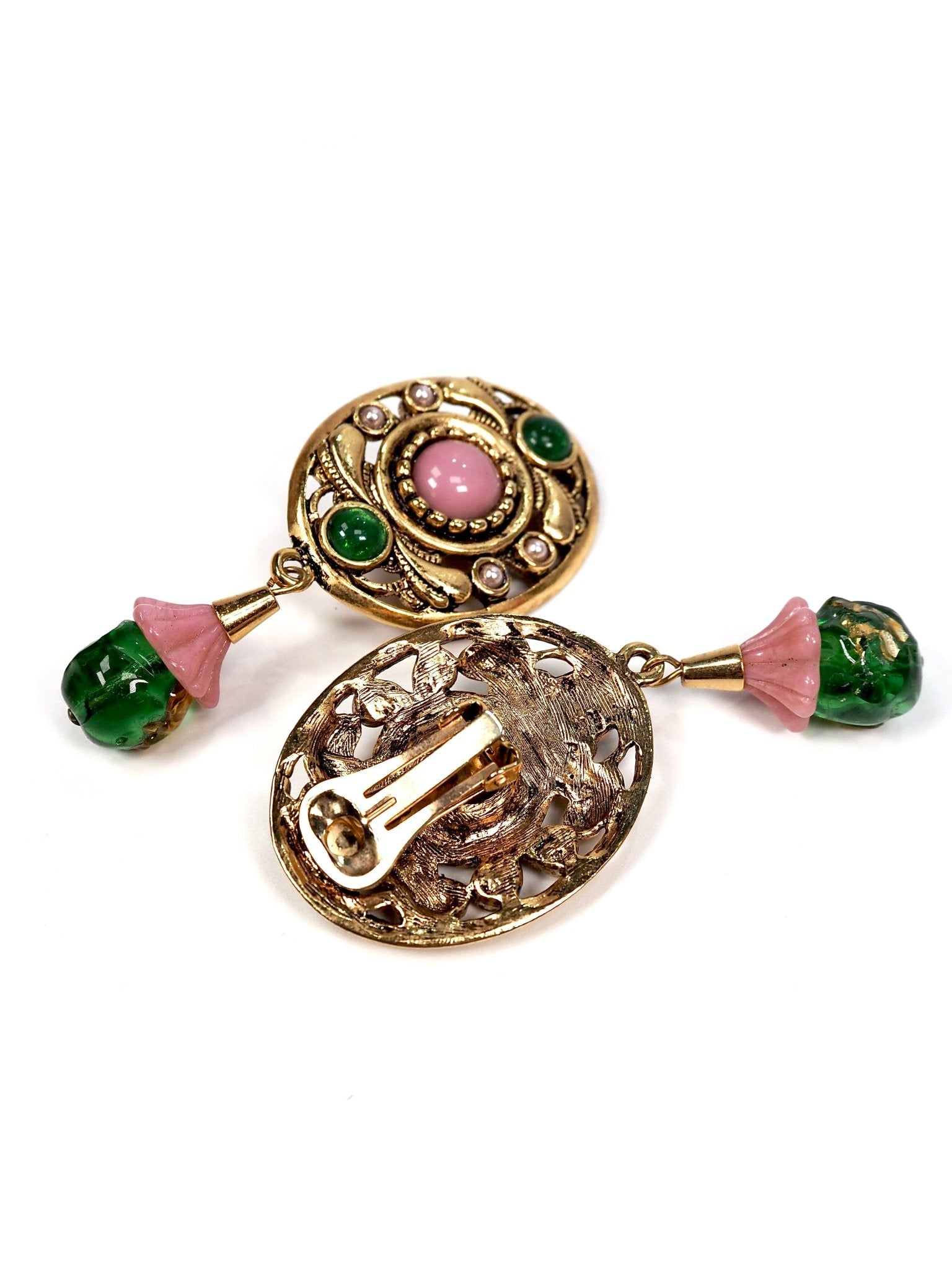 Italian Medallion Gold Pink and Green Glass Drop Earrings - Georgie's NYC - Earrings
