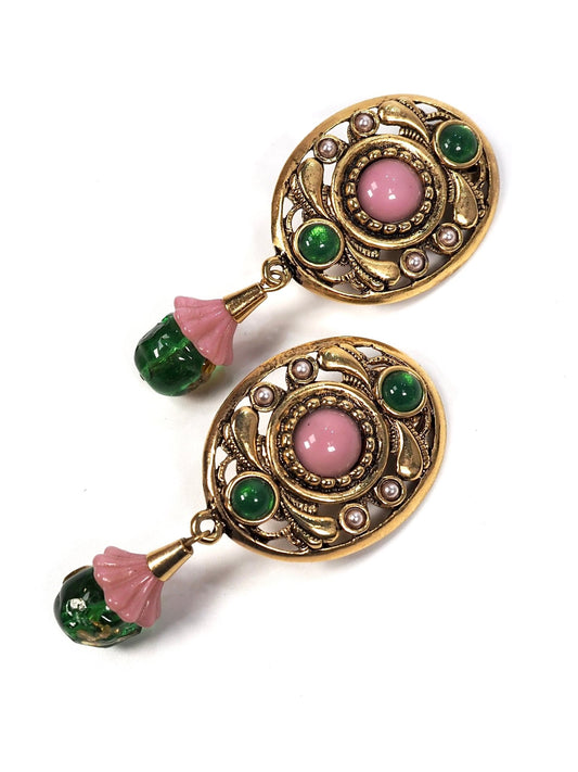 Italian Medallion Gold Pink and Green Glass Drop Earrings - Georgie's NYC - Earrings