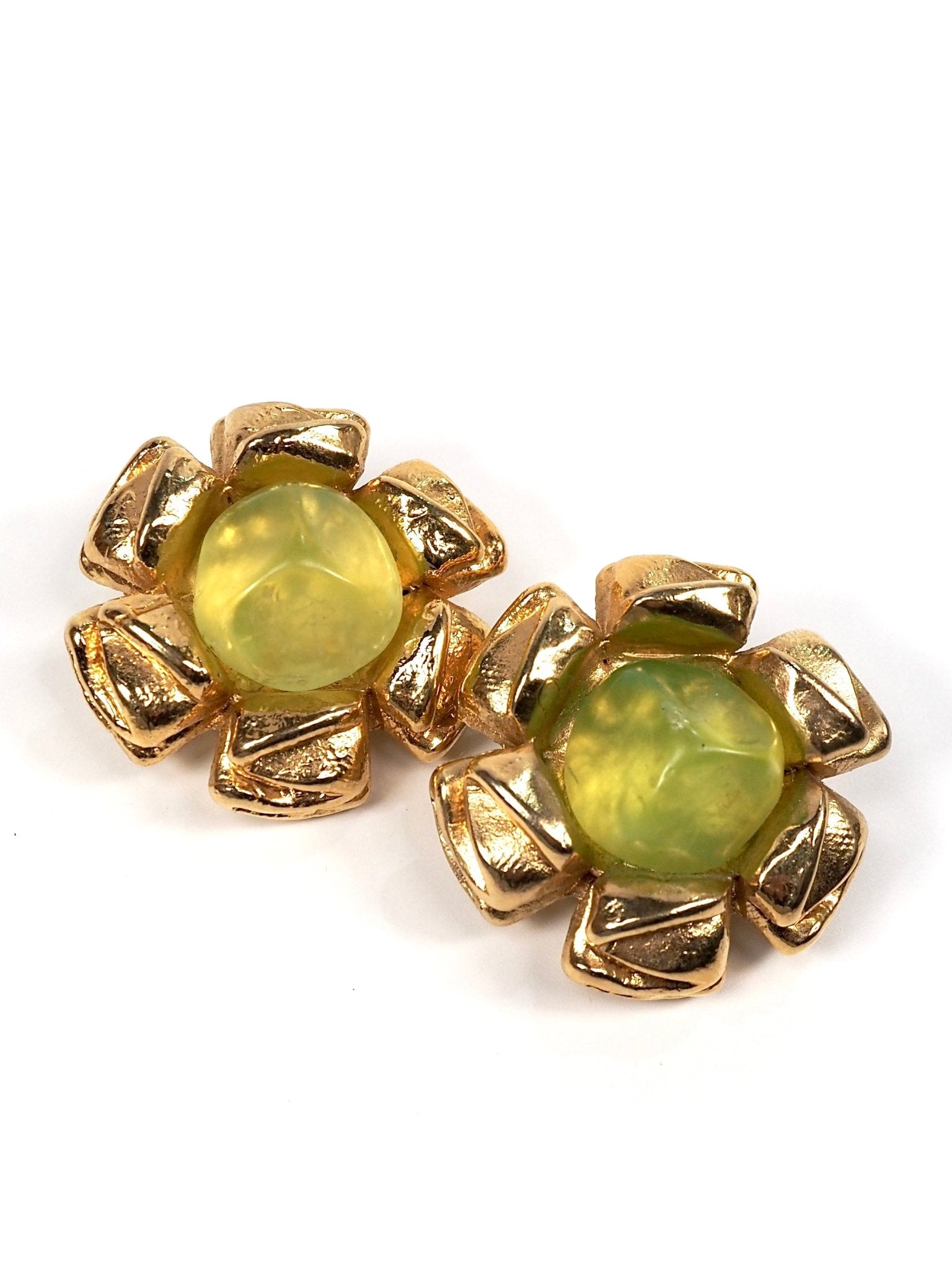 Jacky de G Gold Lime Green Lucite Brutalist Flower Earrings - Georgie's NYC - Earrings