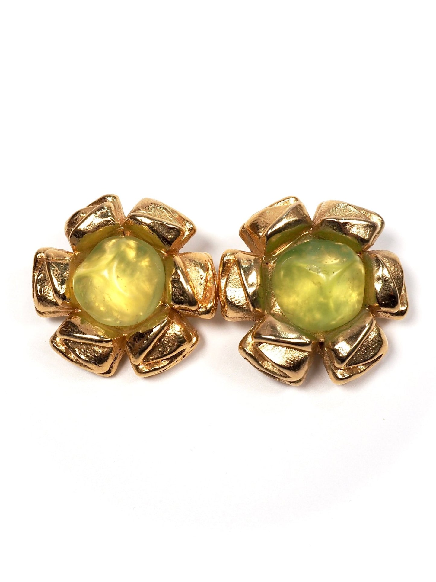 Jacky de G Gold Lime Green Lucite Brutalist Flower Earrings - Georgie's NYC - Earrings