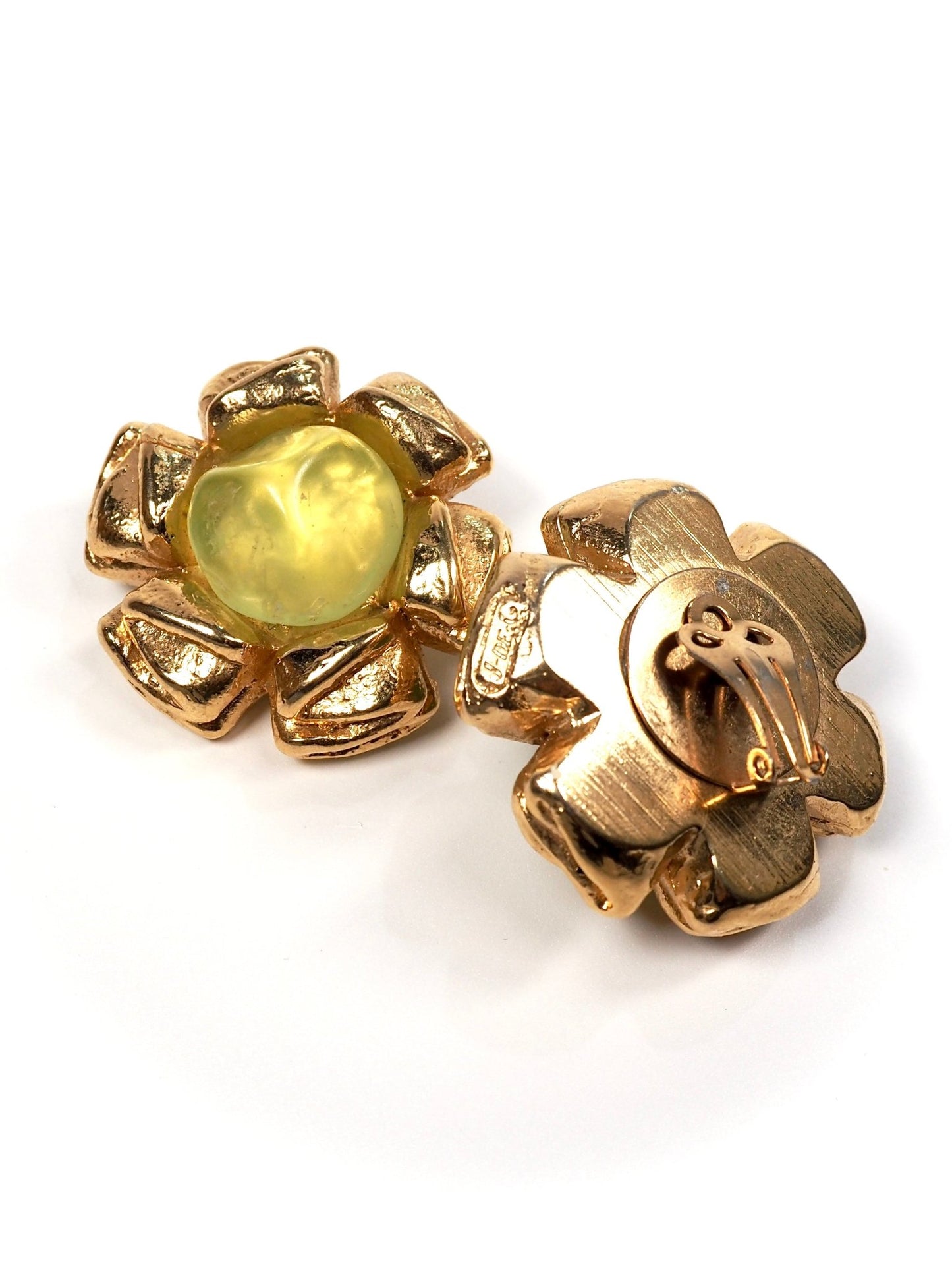 Jacky de G Gold Lime Green Lucite Brutalist Flower Earrings - Georgie's NYC - Earrings