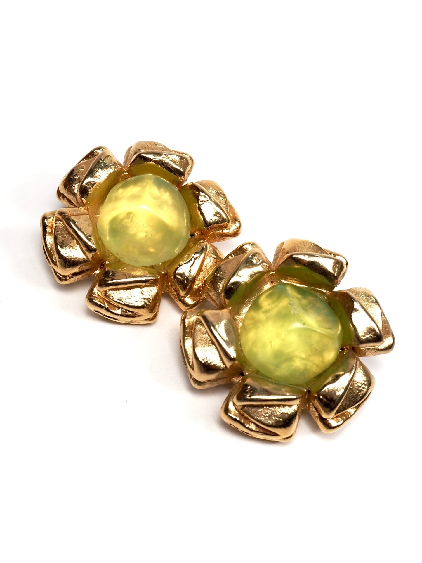 Jacky de G Gold Lime Green Lucite Brutalist Flower Earrings - Georgie's NYC - Earrings