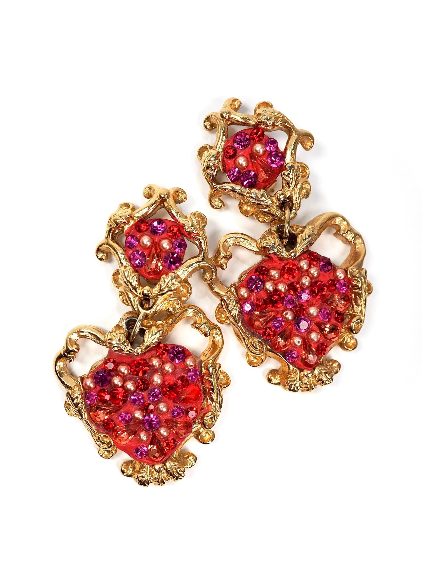 Jacky de G Gold Pink Jeweled Oversized Baroque Style Dangle Earrings - Georgie's NYC - Earrings