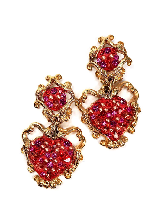 Jacky de G Gold Pink Jeweled Oversized Baroque Style Dangle Earrings - Georgie's NYC - Earrings