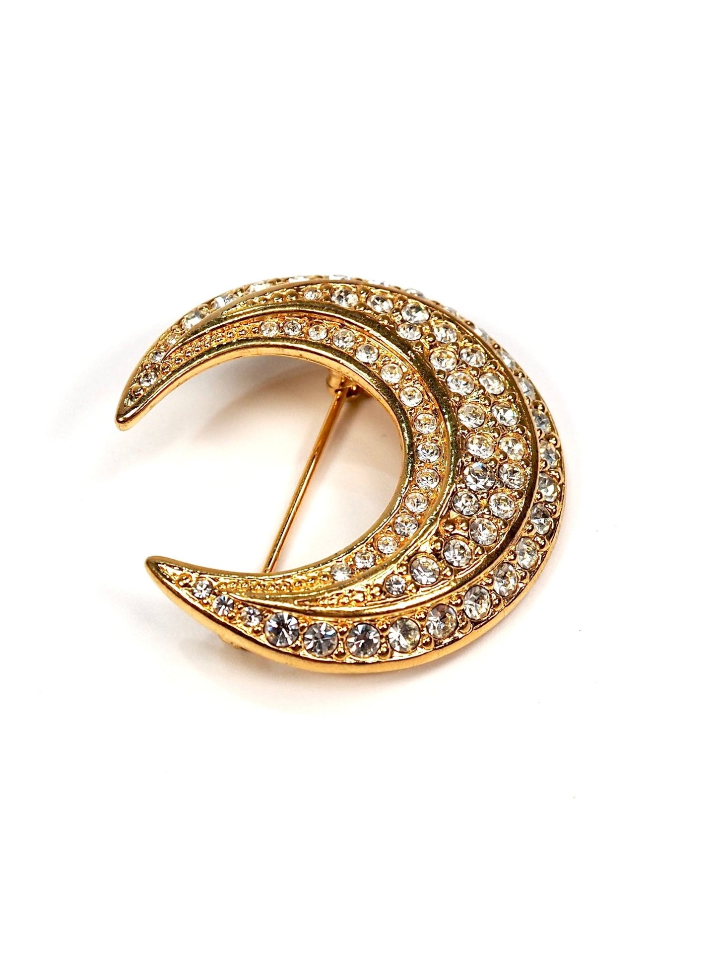 Joan Rivers Gold Rhinestone Crescent Moon Pin Brooch - Georgie's NYC - Brooches
