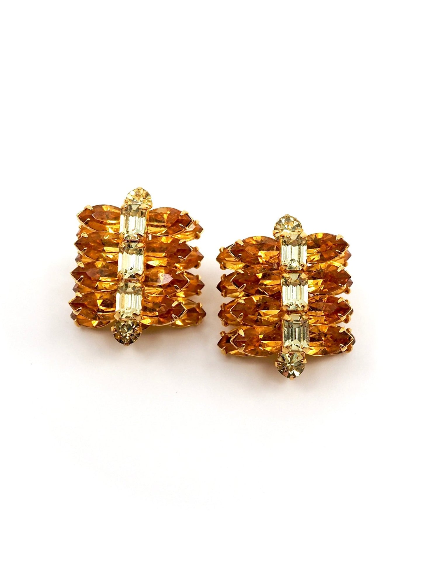 Kramer of N.Y. Canary Yellow and Amber Rhinestone Stacked Cluster Earrings - Georgie's NYC - Earrings