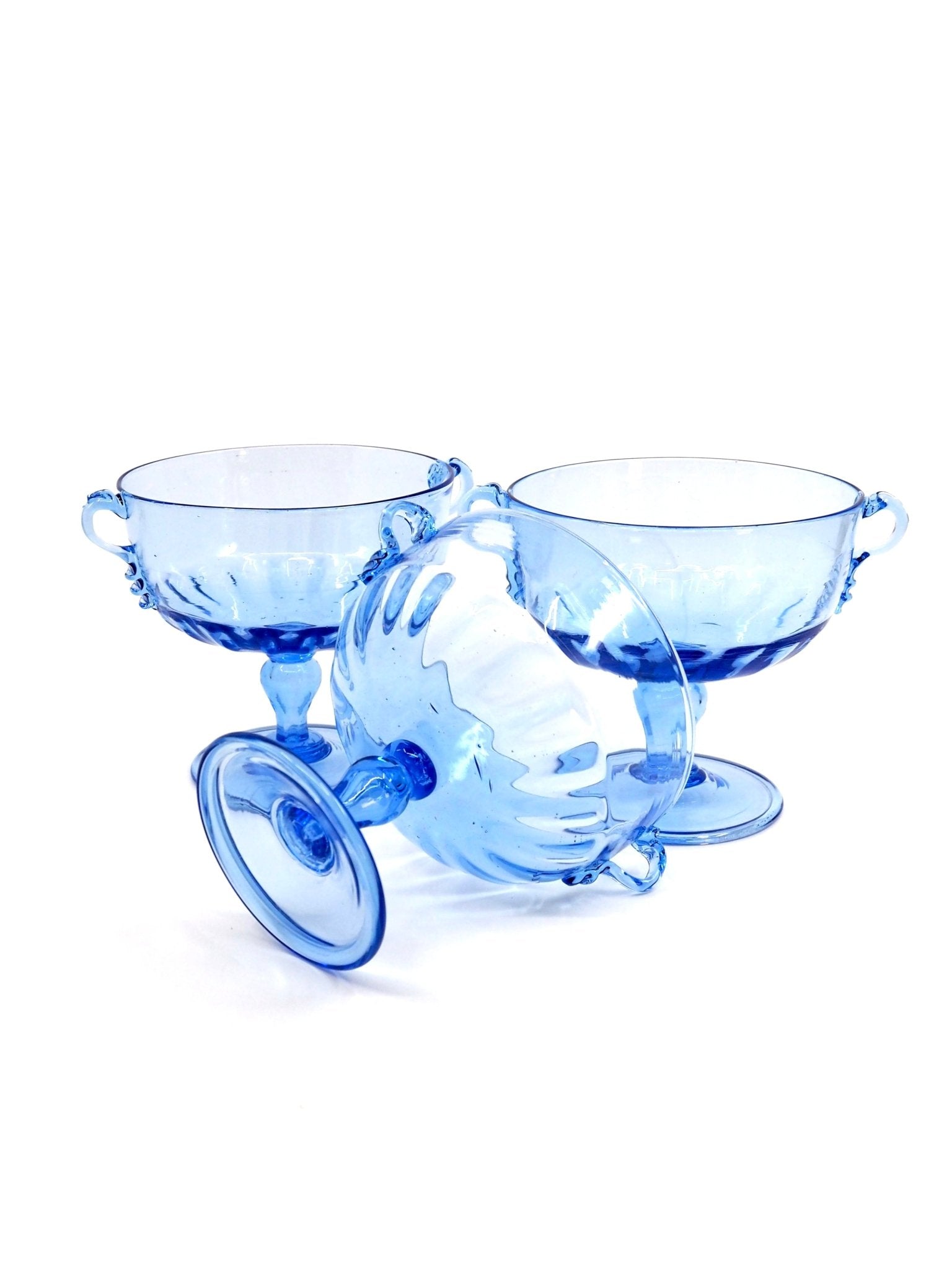 Light Blue Hand Blown Venetian Style Footed Coupes, Set of 3 - Georgie's NYC - Drinkware