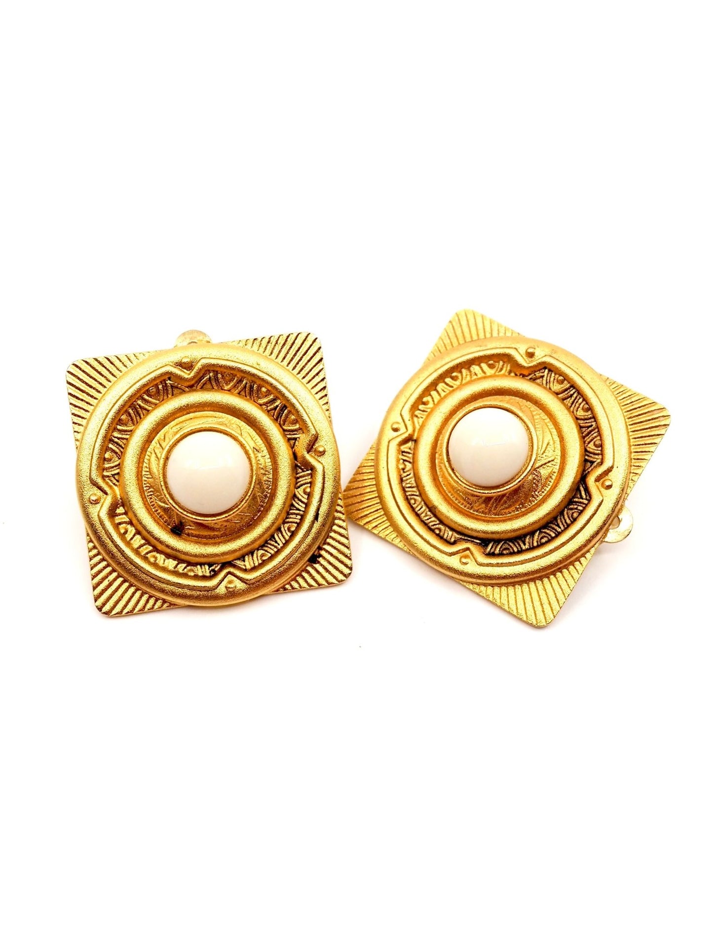 Matte Gold White Cabochon Etruscan Revival Statement Clip Earrings - Georgie's NYC - Earrings