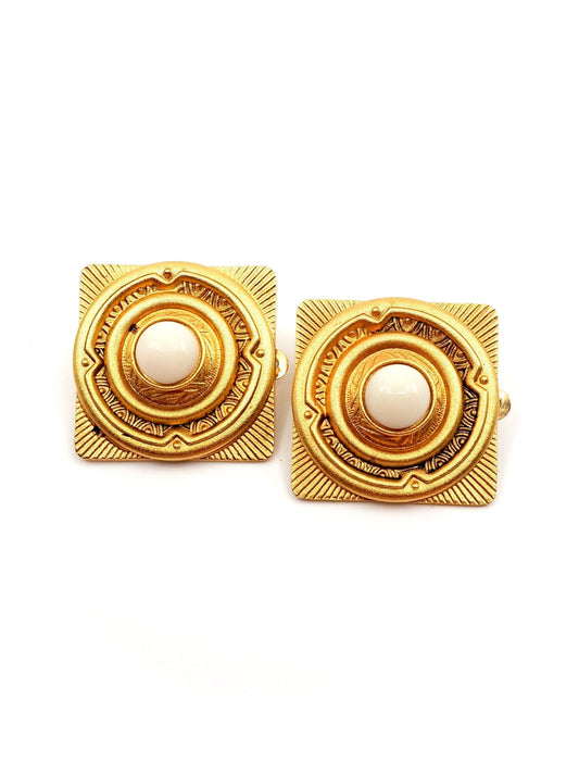 Matte Gold White Cabochon Etruscan Revival Statement Clip Earrings - Georgie's NYC - Earrings