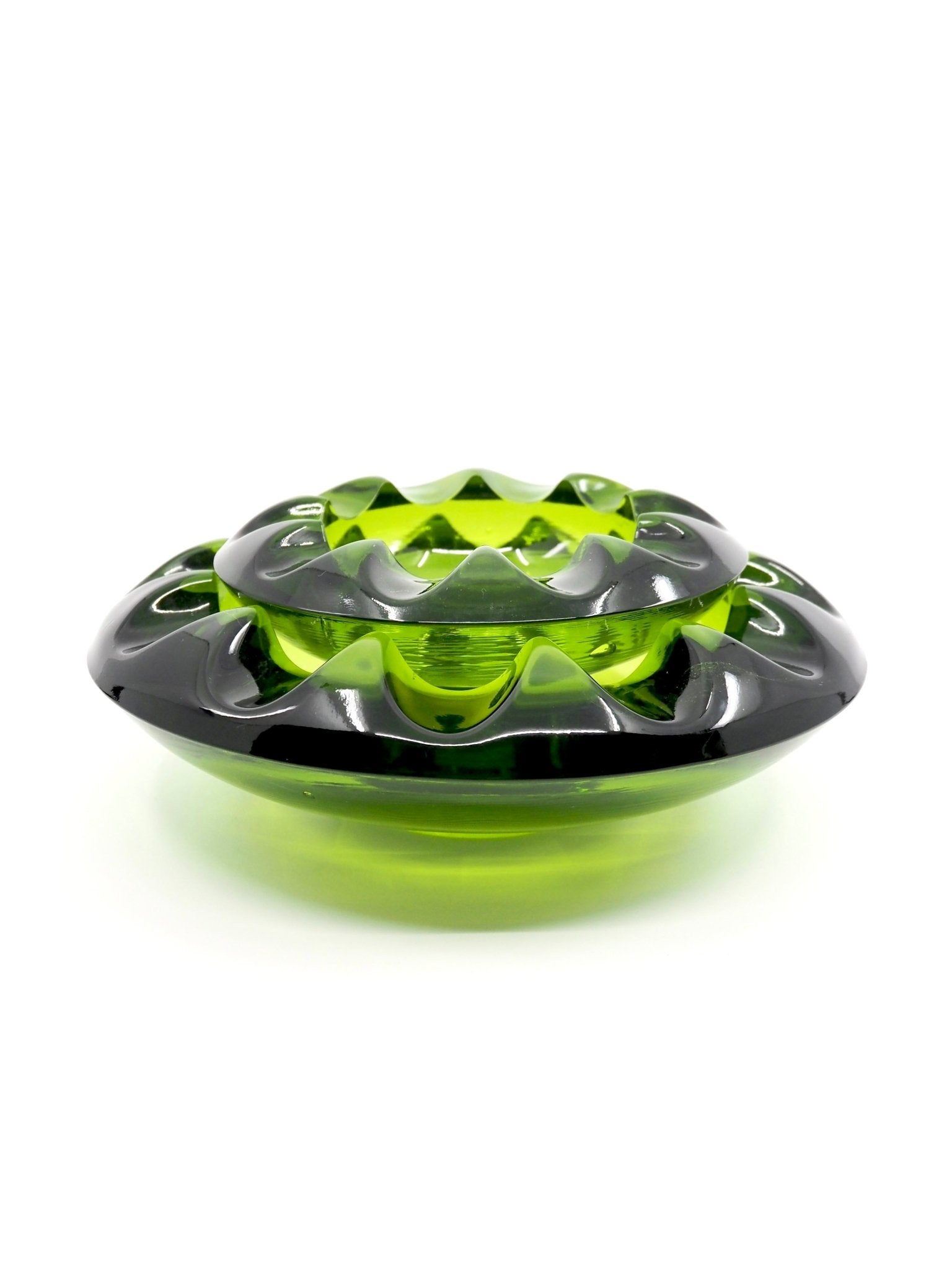 Mid Century Adolph Matura Green Glass Cogwheel Ashtray Set - Georgie's NYC - Ashtrays