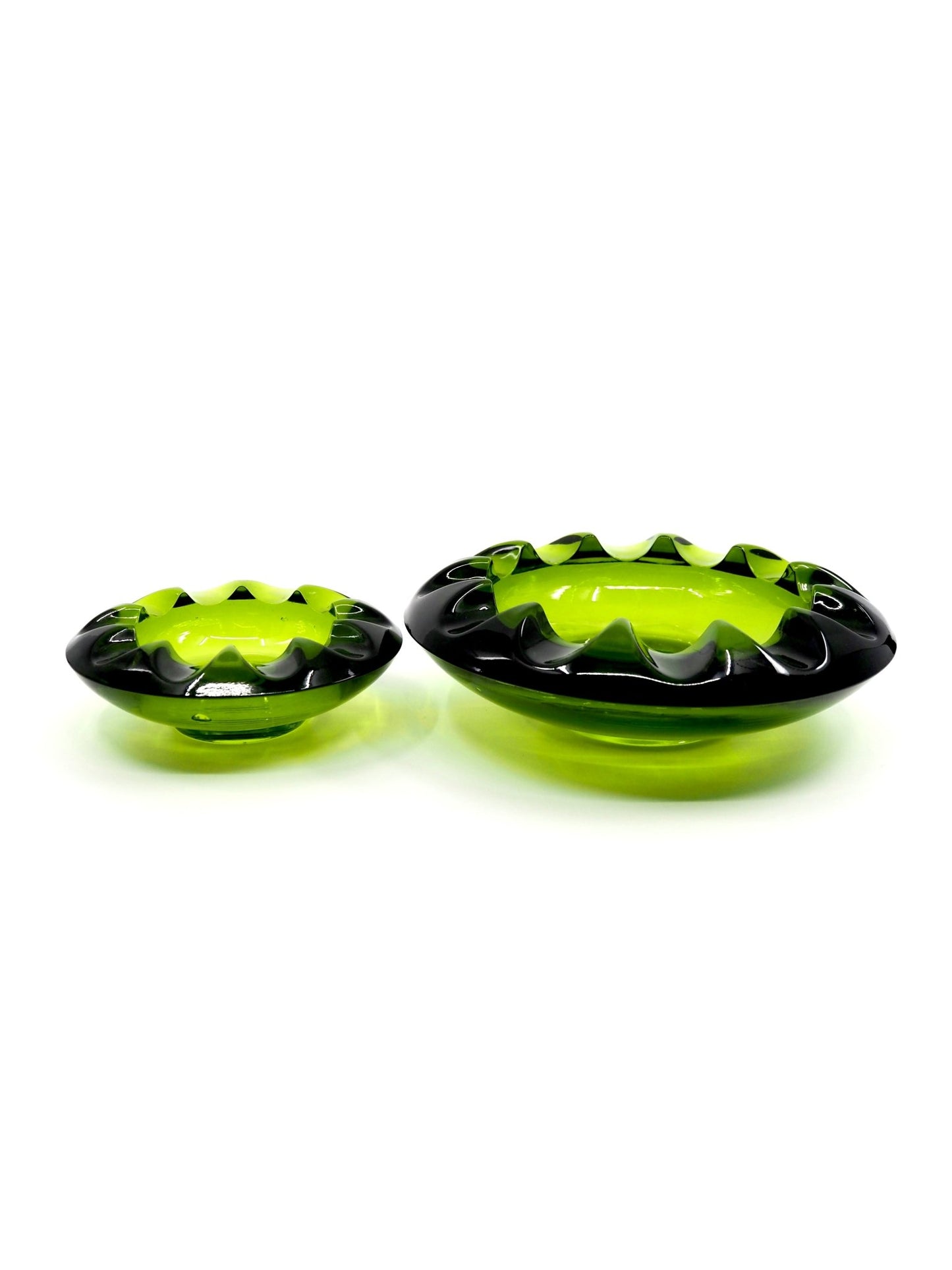 Mid Century Adolph Matura Green Glass Cogwheel Ashtray Set - Georgie's NYC - Ashtrays