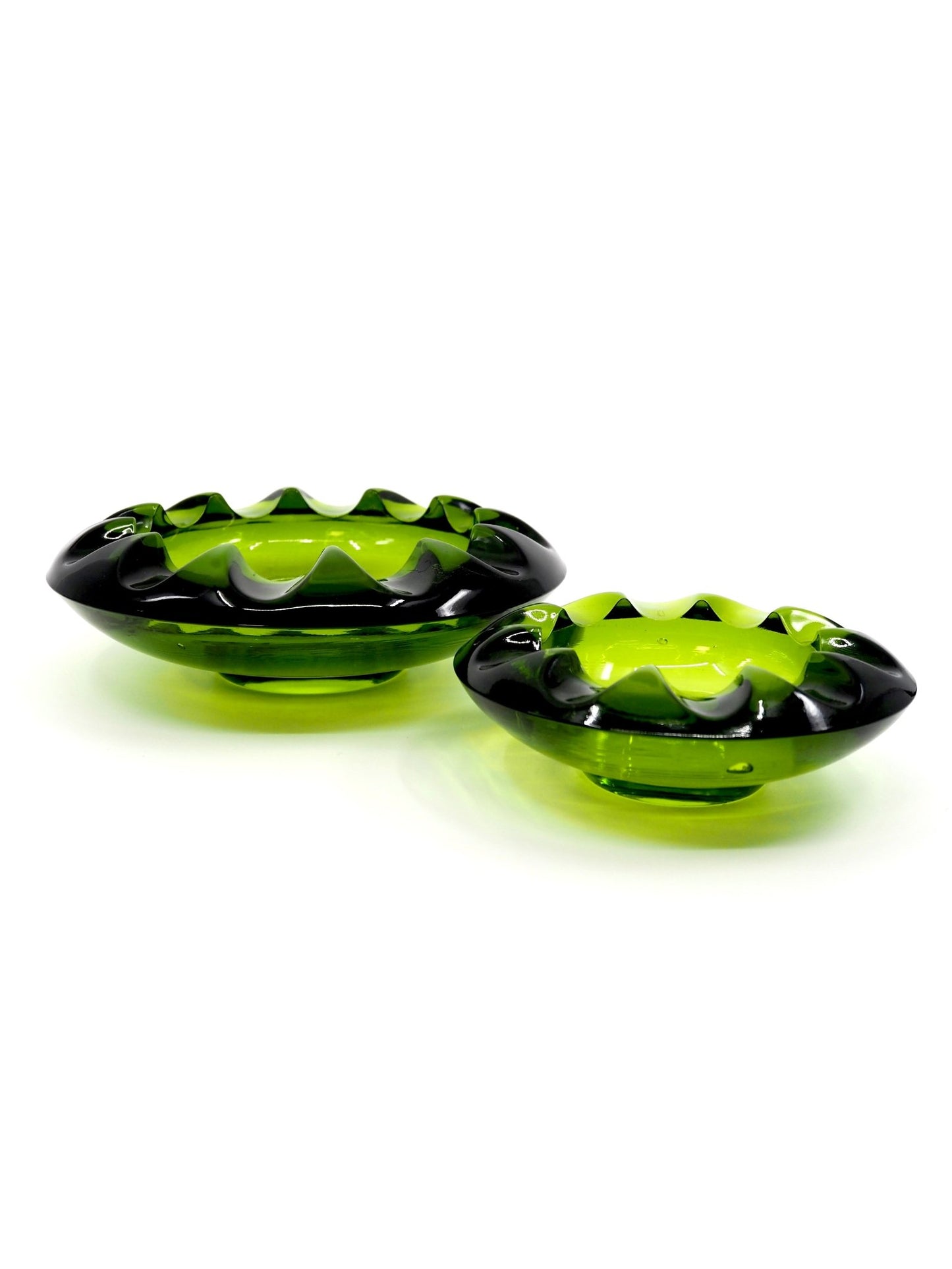 Mid Century Adolph Matura Green Glass Cogwheel Ashtray Set - Georgie's NYC - Ashtrays