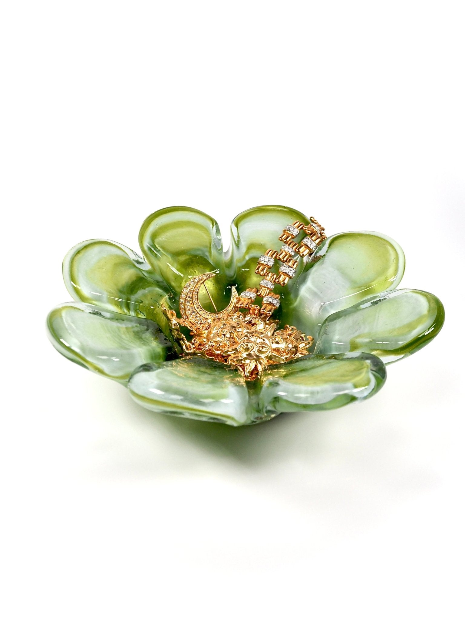 Mid Century Green and White Flower Petal Ashtray Catchall Bowl - Georgie's NYC - Ashtrays