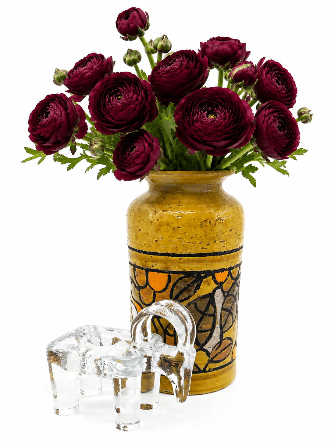 Mid Century Italian Bitossi Aldo Londi Ochre Glaze Hand Painted Floral Vase - Georgie's NYC - Vases