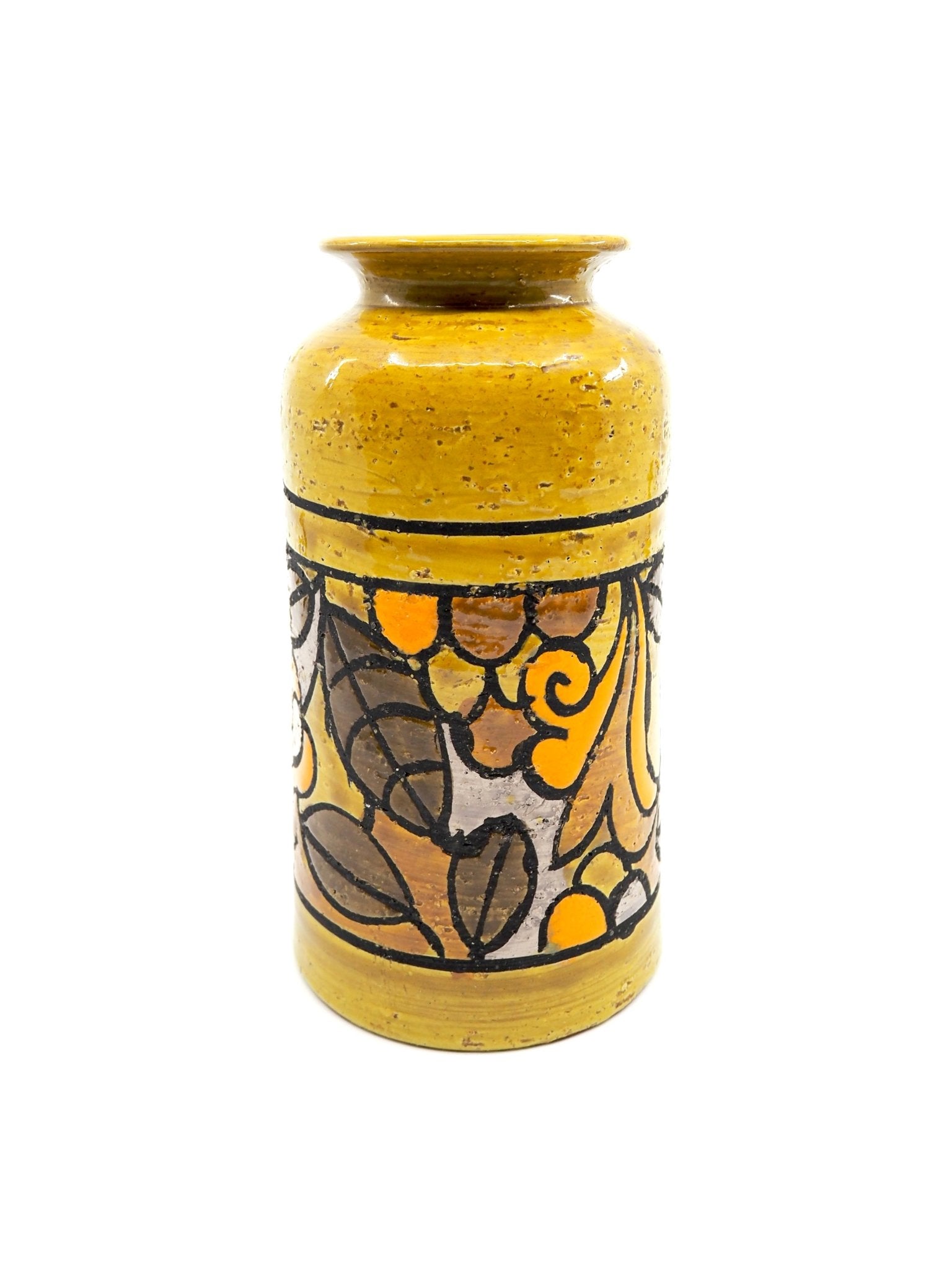 Mid Century Italian Bitossi Aldo Londi Ochre Glaze Hand Painted Floral Vase - Georgie's NYC - Vases