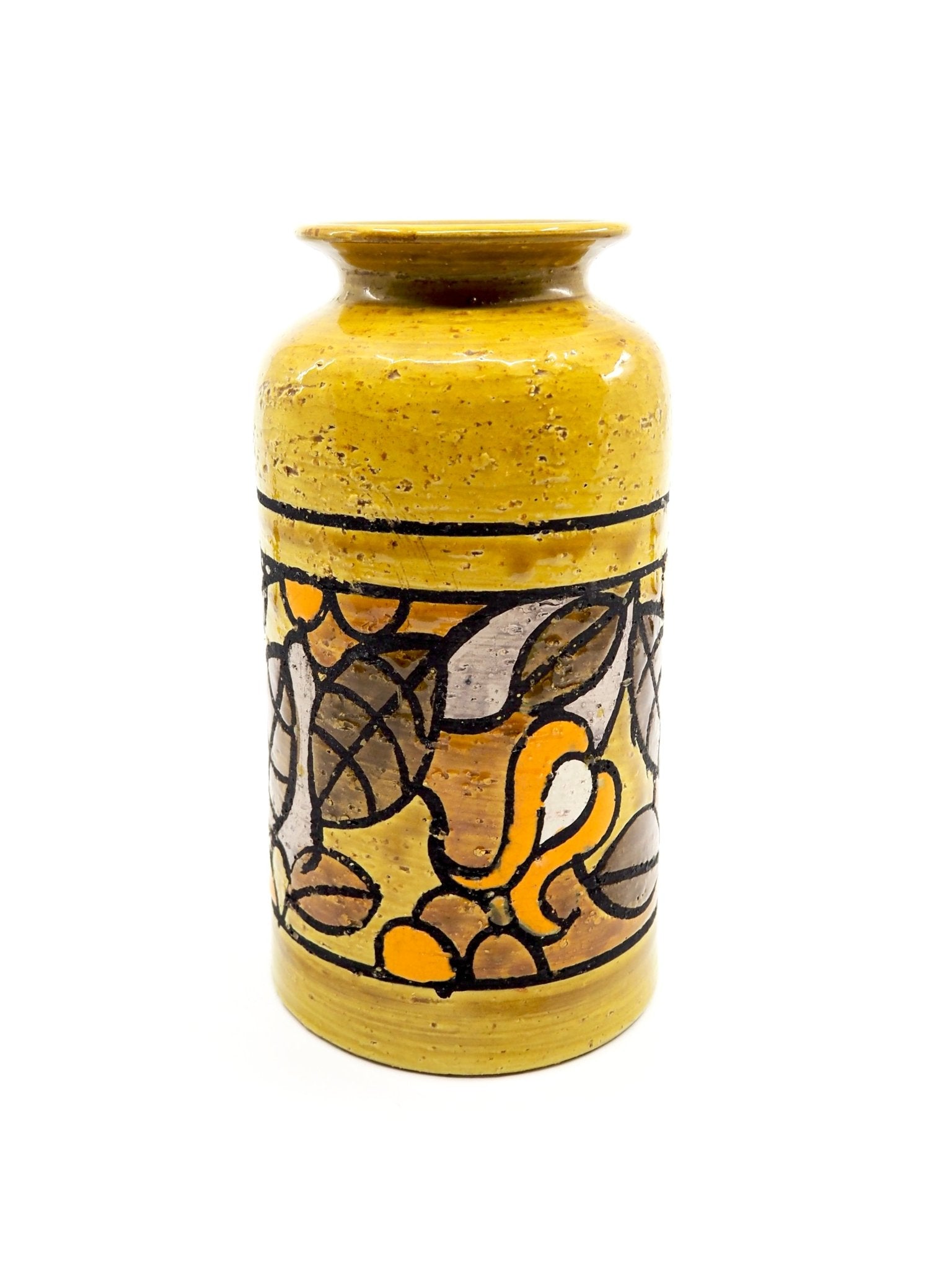 Mid Century Italian Bitossi Aldo Londi Ochre Glaze Hand Painted Floral Vase - Georgie's NYC - Vases