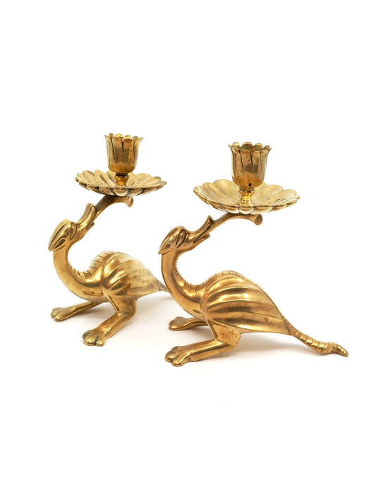 Mid Century Whimsical Creature Heavy Cast Brass Candlestick Holders - Georgie's NYC - Candle Holders