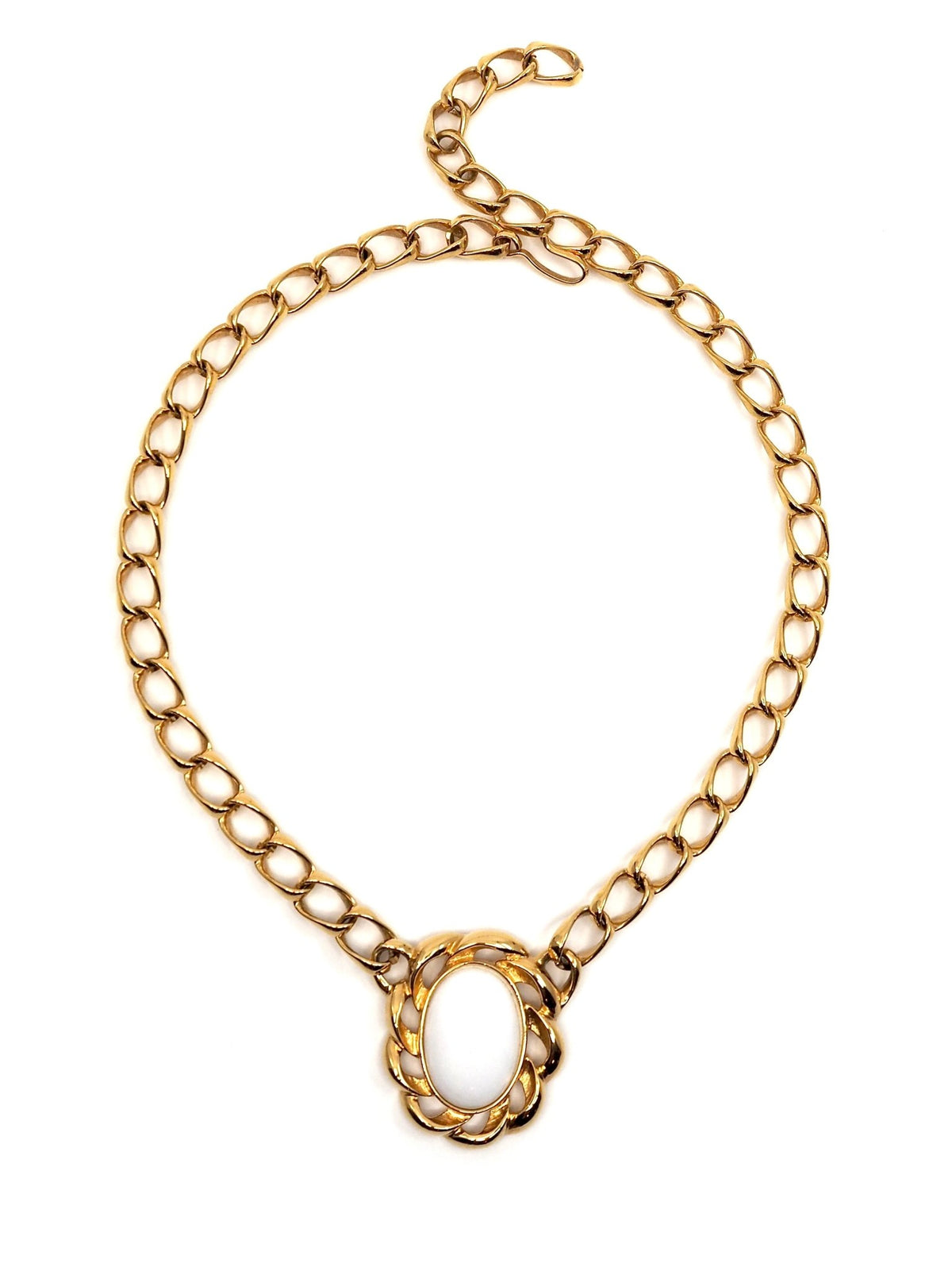 Monet Gold Curb Chain Necklace with White Cabochon Rope Frame Pendant - Georgie's NYC - Necklaces