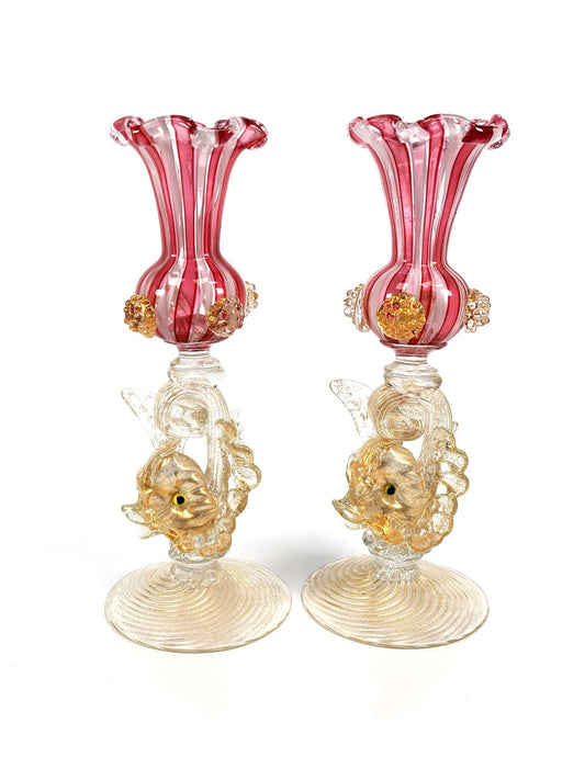Murano Glass Pink and Gold Dolphin Fish Candlestick Holders - Georgie's NYC - Candle Holders