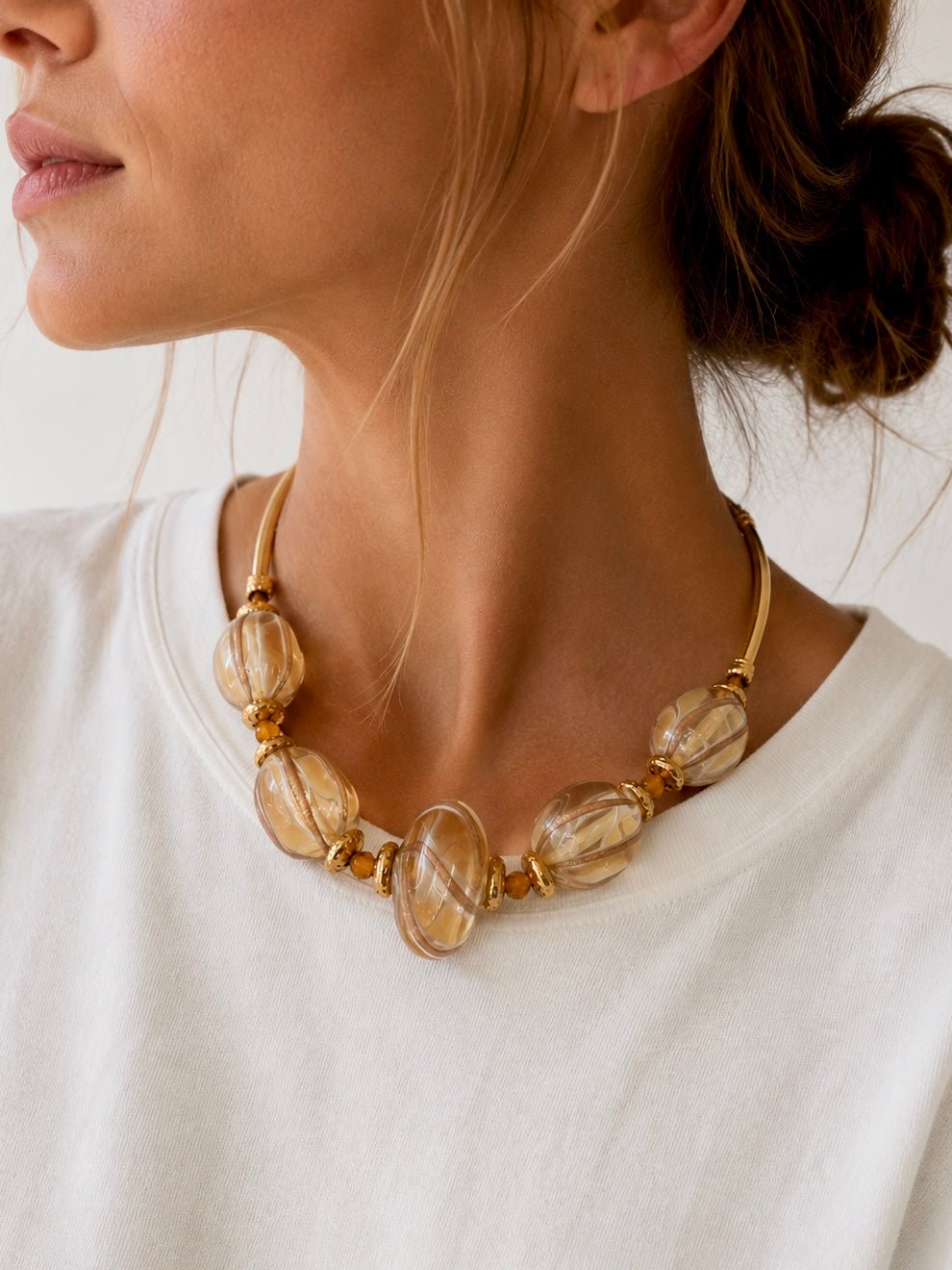 Murano Hand Blown Amber Swirl Glass Necklace with Gold Tone Accents - Georgie's NYC - Necklaces