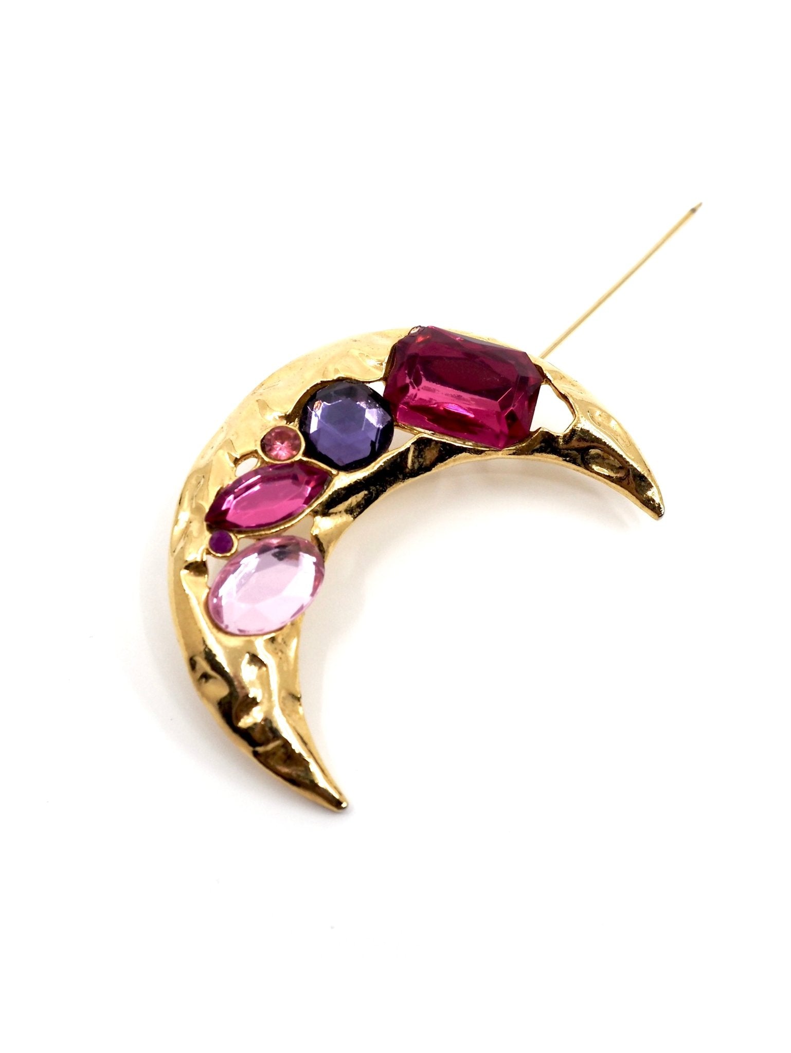 Park Lane Gold Pink and Purple Jeweled Crescent Moon Pin - Georgie's NYC - Brooches