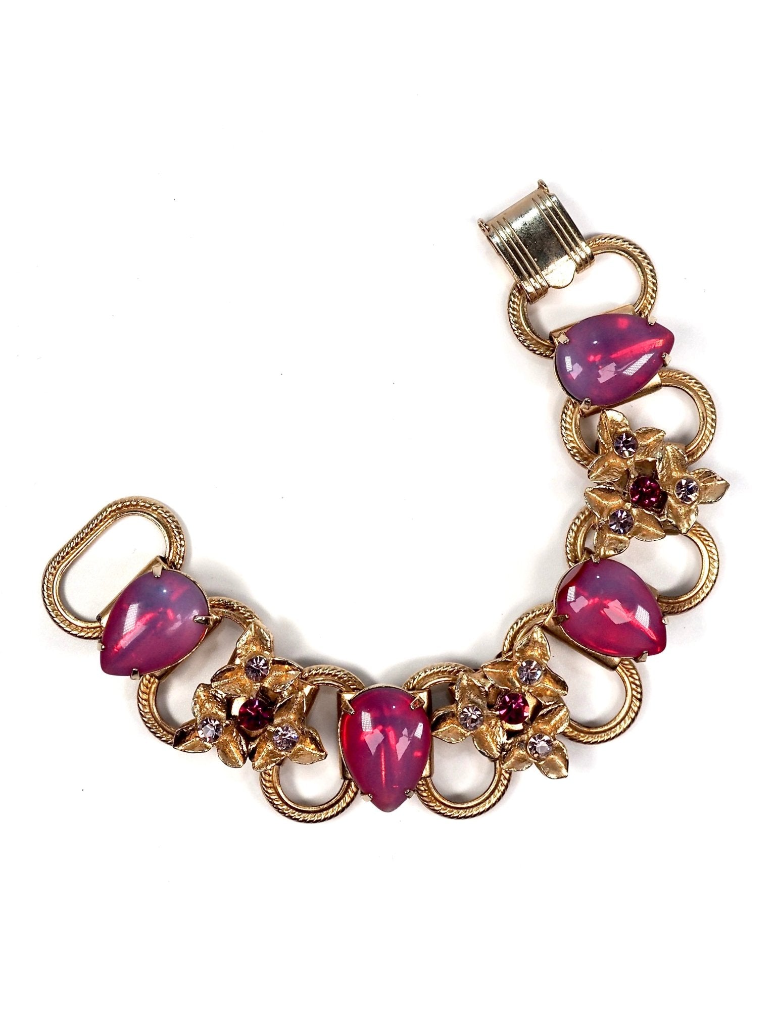 Pink Ruby Glass Stone Gold Floral Motif Bracelet - Georgie's NYC - Bracelets