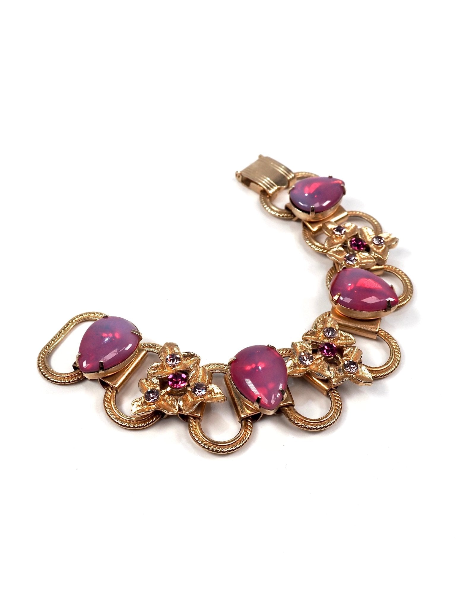 Pink Ruby Glass Stone Gold Floral Motif Bracelet - Georgie's NYC - Bracelets