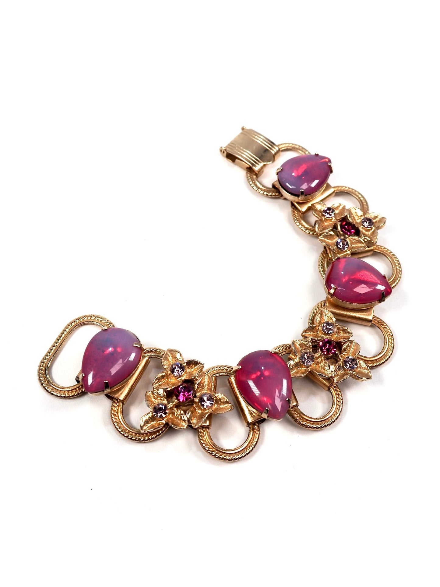 Pink Ruby Glass Stone Gold Floral Motif Bracelet - Georgie's NYC - Bracelets