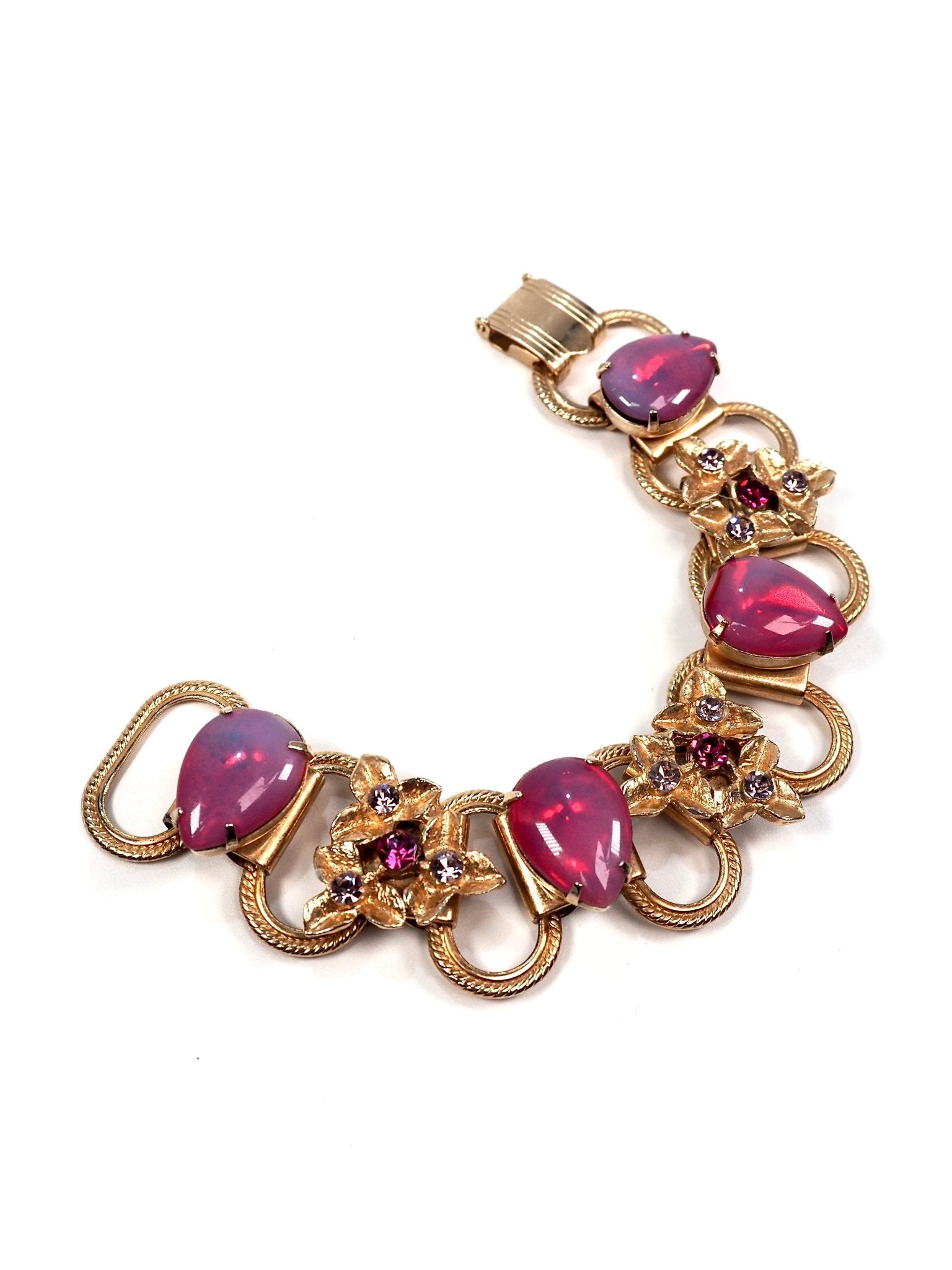 Pink Ruby Glass Stone Gold Floral Motif Bracelet - Georgie's NYC - Bracelets
