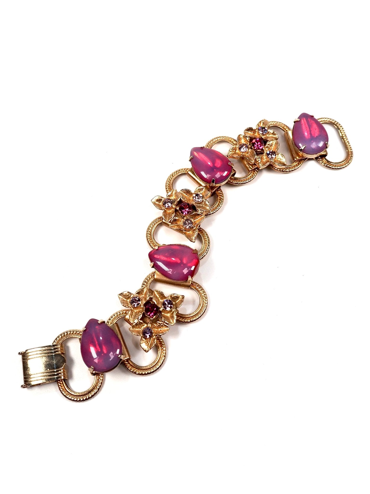 Pink Ruby Glass Stone Gold Floral Motif Bracelet - Georgie's NYC - Bracelets