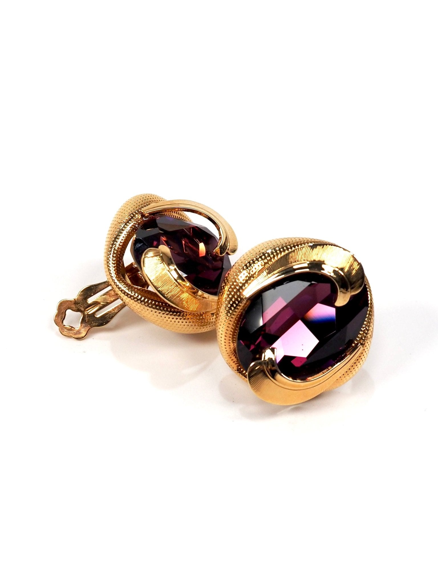 Purple Glass Stone and Textured Gold Statement Earrings - Georgie's NYC - Earrings
