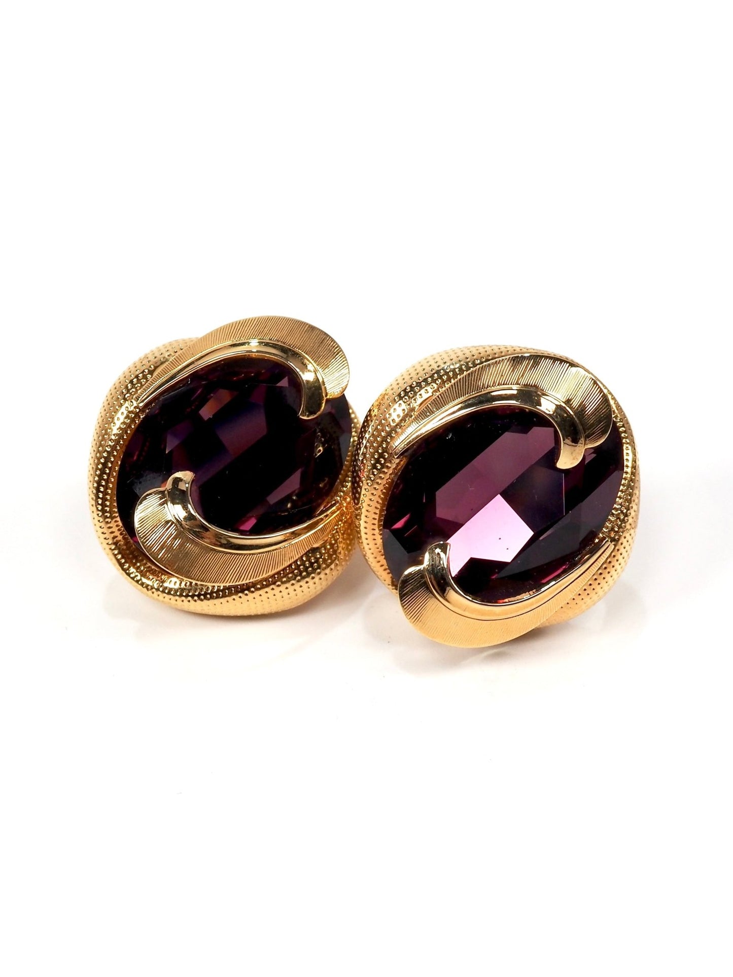 Purple Glass Stone and Textured Gold Statement Earrings - Georgie's NYC - Earrings