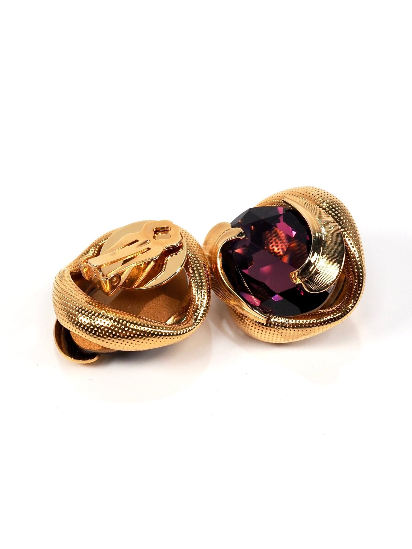 Purple Glass Stone and Textured Gold Statement Earrings - Georgie's NYC - Earrings