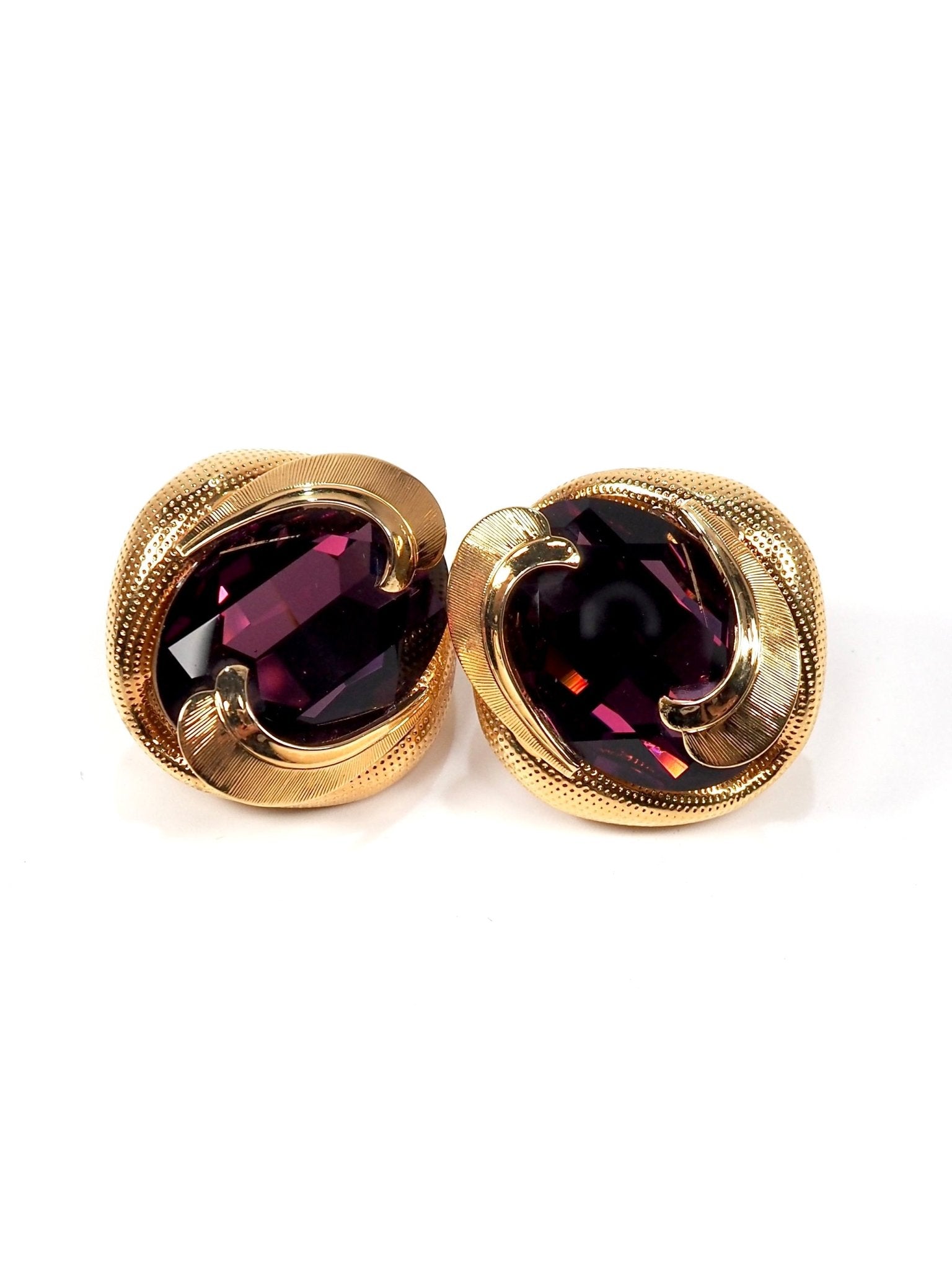 Purple Glass Stone and Textured Gold Statement Earrings - Georgie's NYC - Earrings