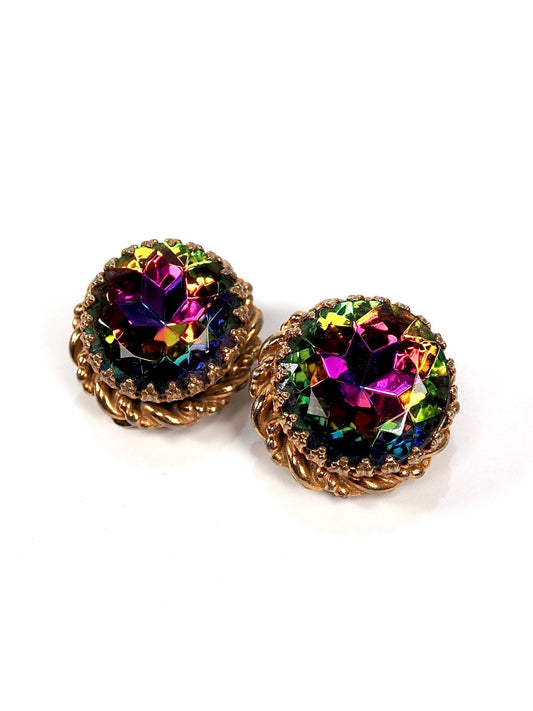Schiaparelli Watermelon Iridescent Glass Jeweled Round Earrings - Georgie's NYC - Earrings