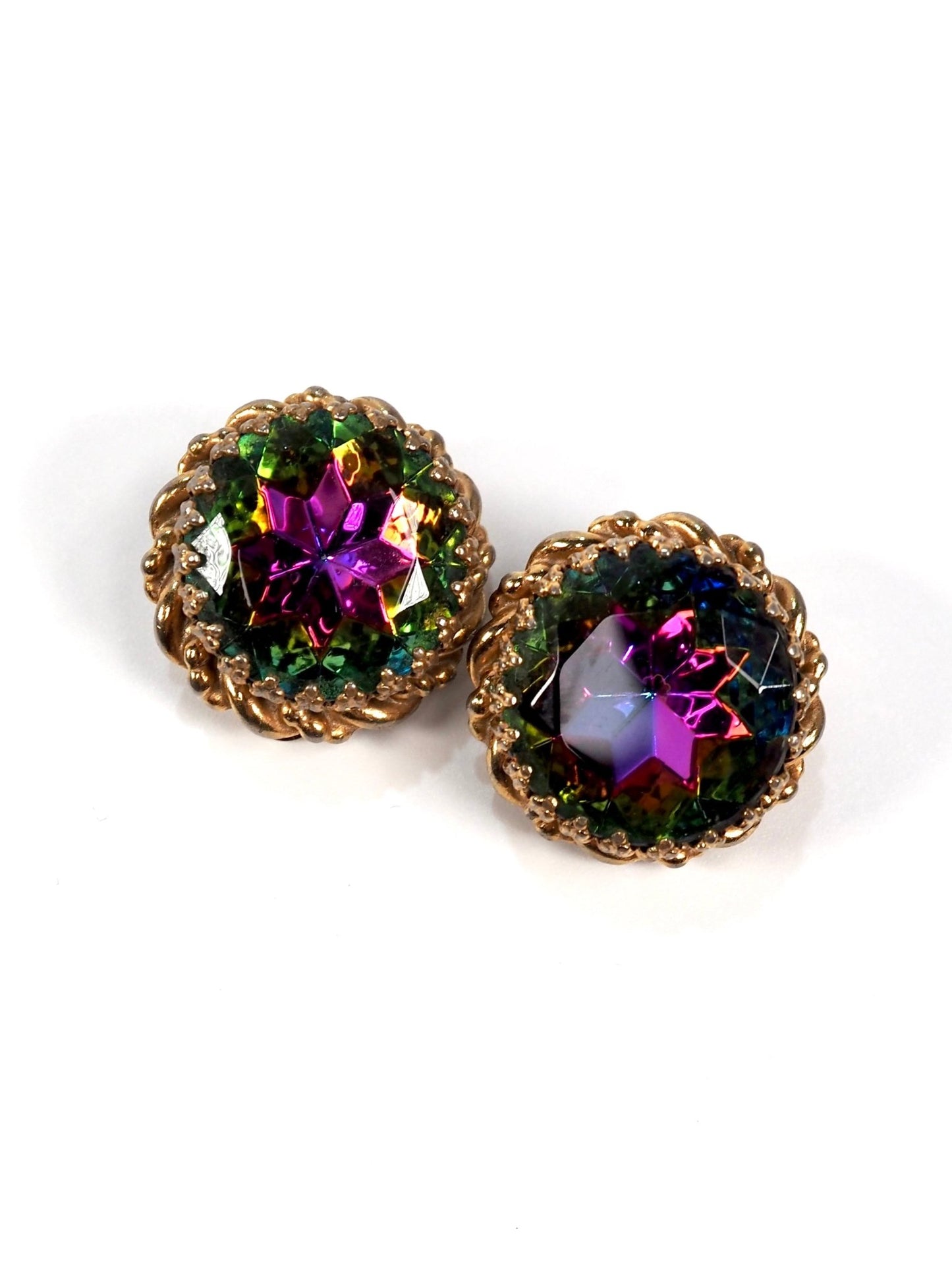 Schiaparelli Watermelon Iridescent Glass Jeweled Round Earrings - Georgie's NYC - Earrings