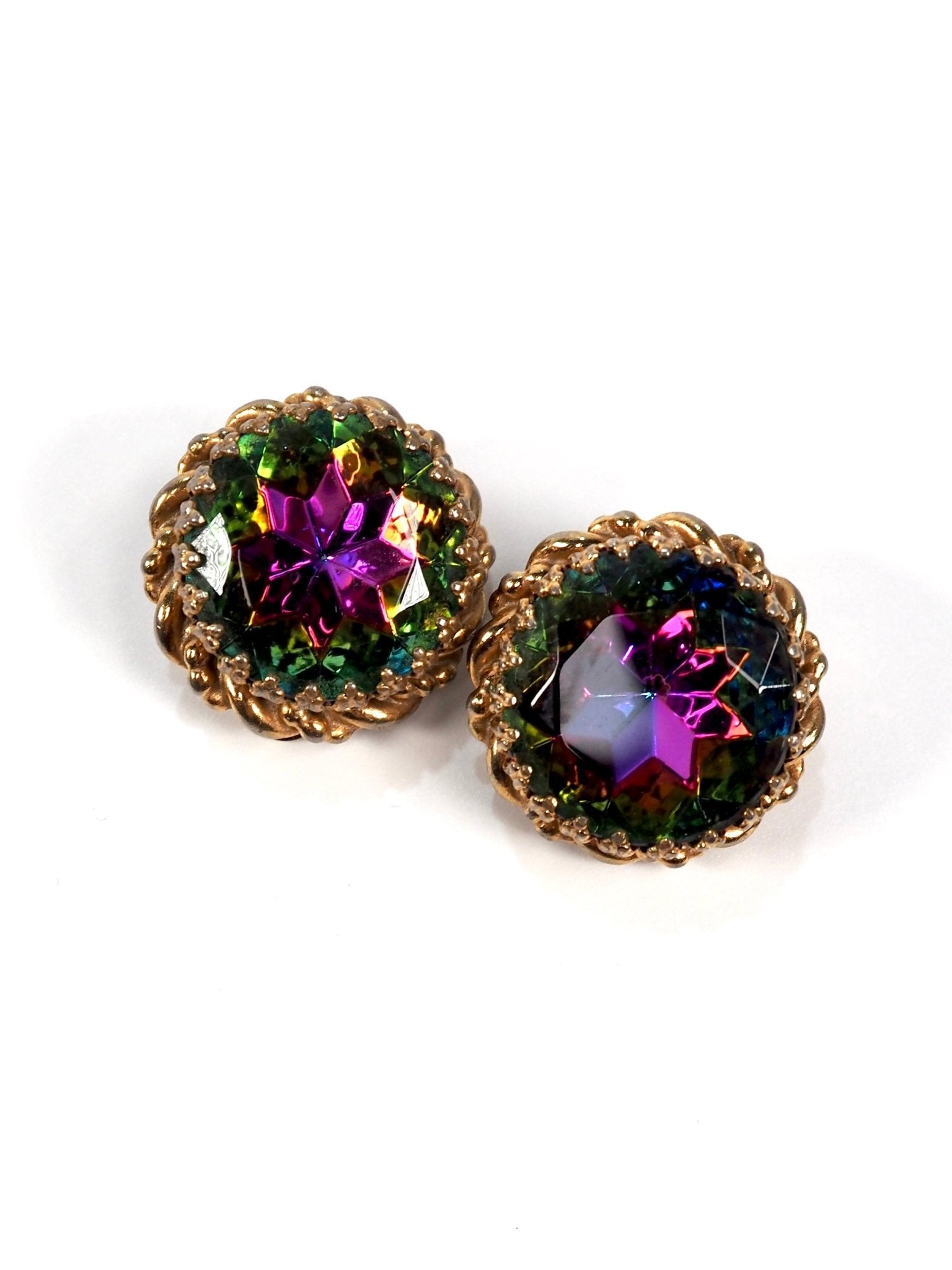Schiaparelli Watermelon Iridescent Glass Jeweled Round Earrings - Georgie's NYC - Earrings