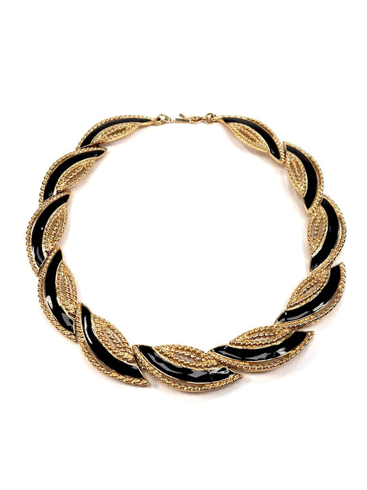 Trifari Gold and Black Enamel Abstract Leaf Collar Necklace - Georgie's NYC - Necklaces
