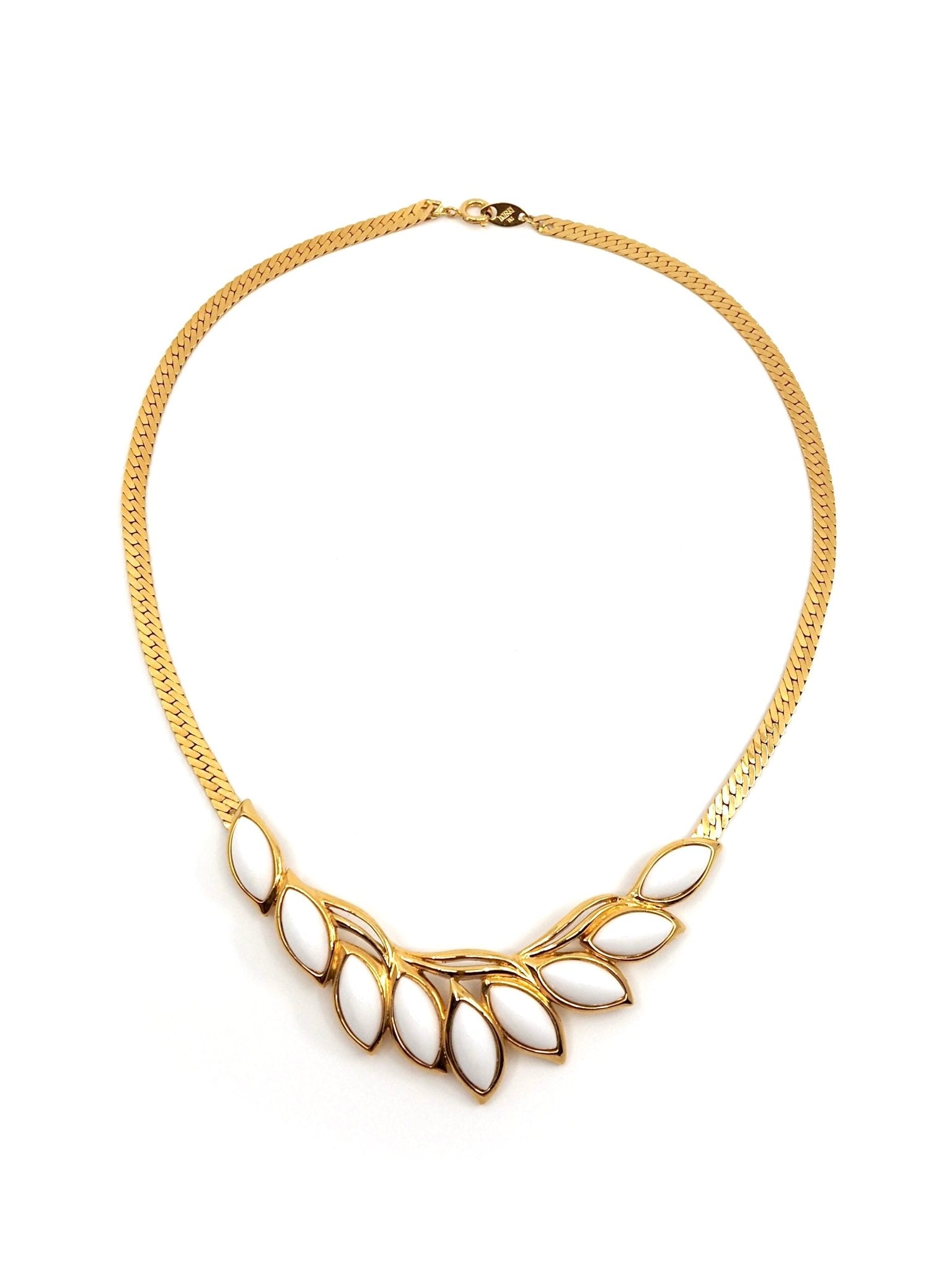 Trifari Gold Tone White Cabochon Leaf Necklace - Georgie's NYC - Necklaces