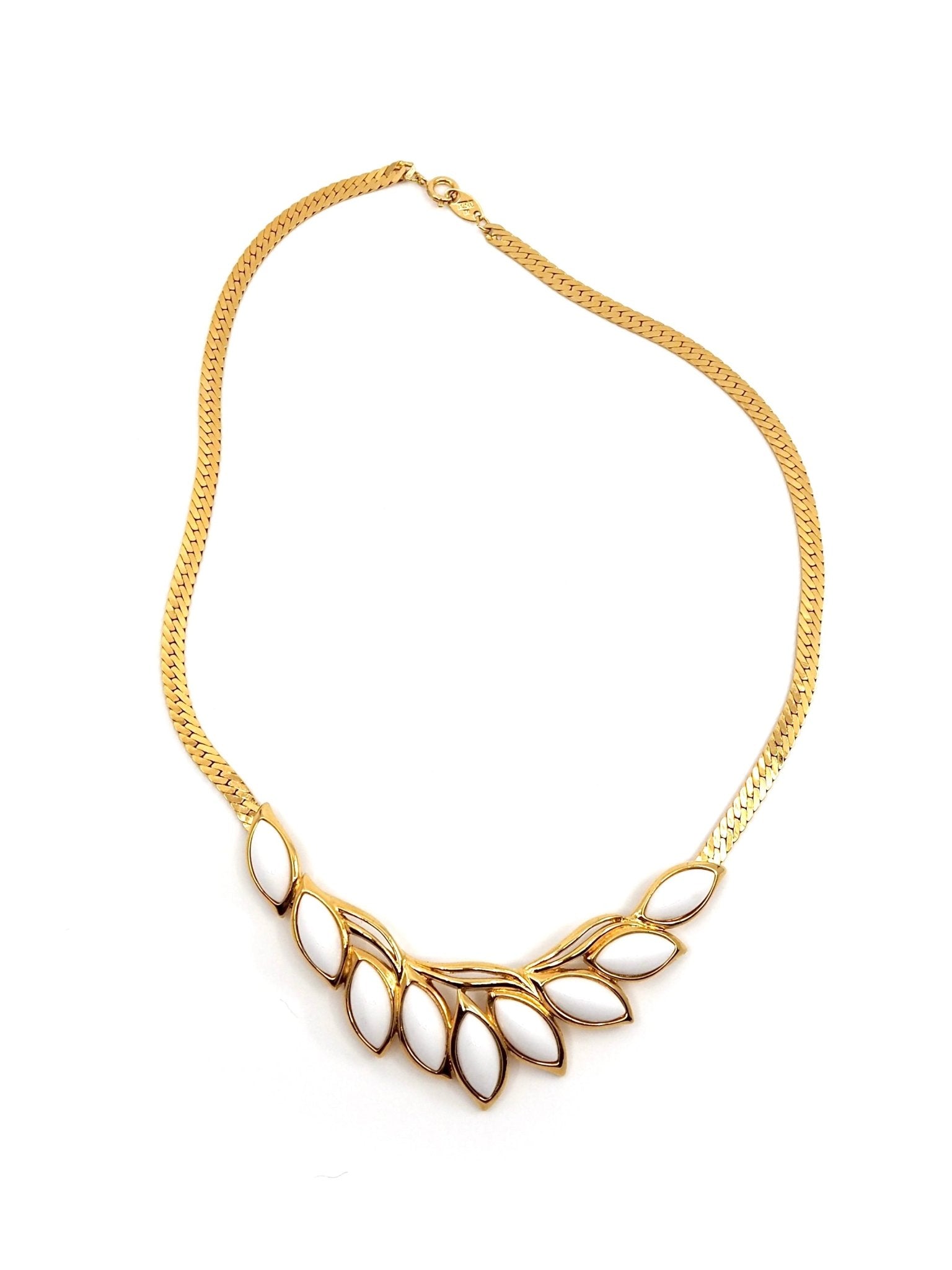 Trifari Gold Tone White Cabochon Leaf Necklace - Georgie's NYC - Necklaces