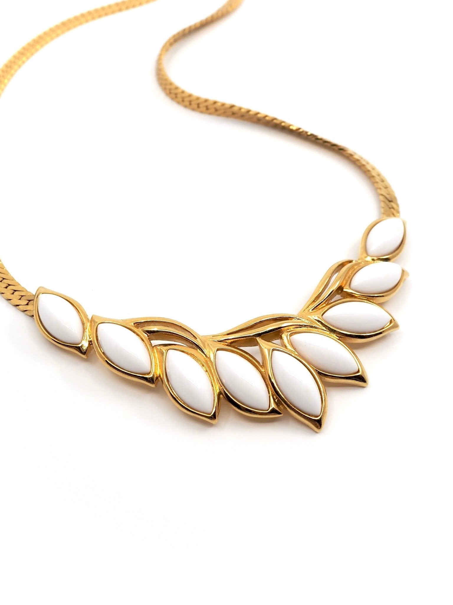Trifari Gold Tone White Cabochon Leaf Necklace - Georgie's NYC - Necklaces