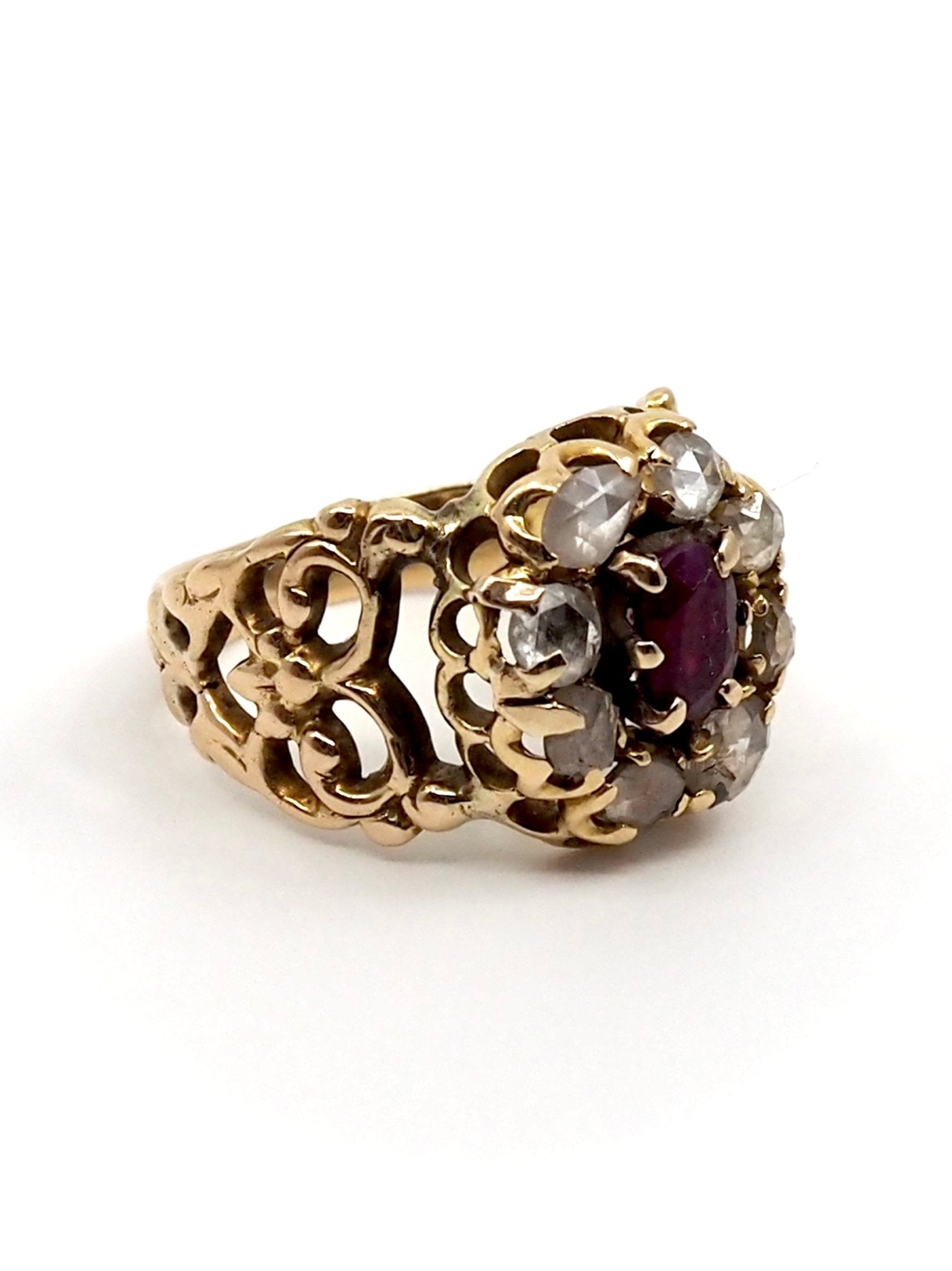 Victorian 14K Gold Rose Cut Diamond and Natural Ruby Scrollwork Ring - Georgie's NYC - Rings