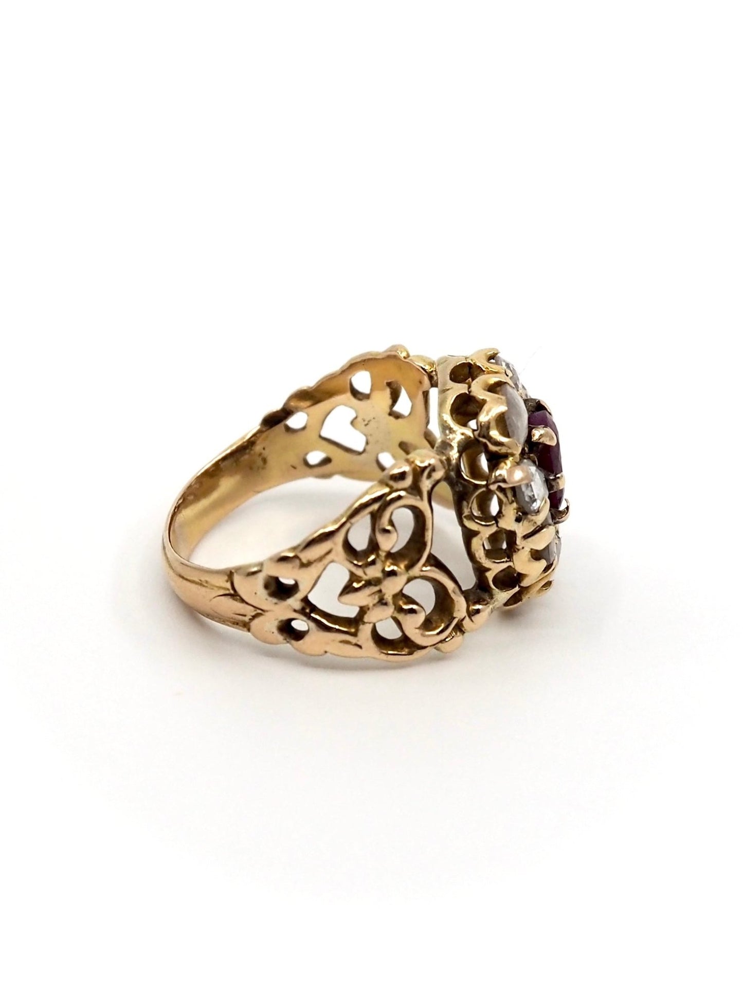 Victorian 14K Gold Rose Cut Diamond and Natural Ruby Scrollwork Ring - Georgie's NYC - Rings